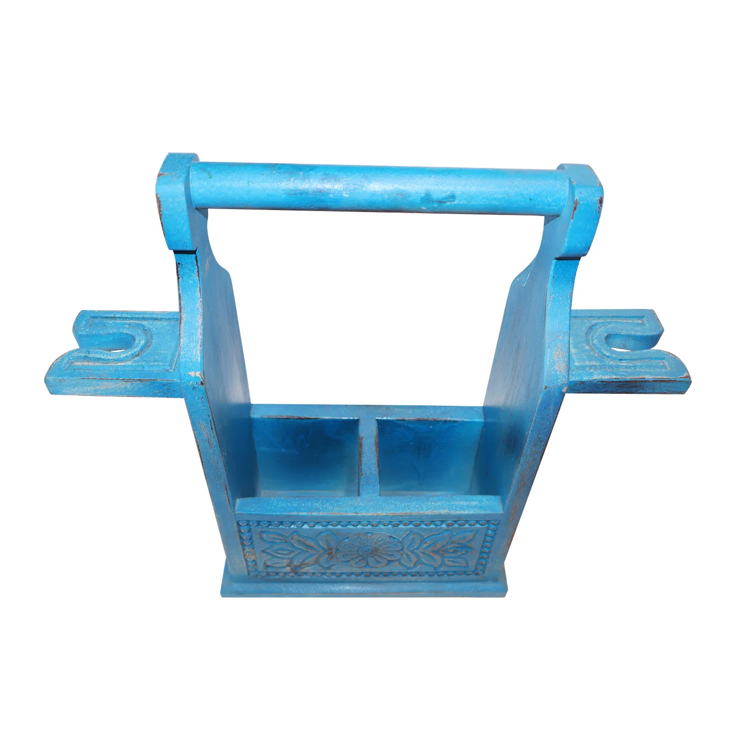 ArtistryBazaar 17"L x 5"W x 15"H inch handmade blue wooden wine holder with glass holders on both sides, decorative & useful, perfect for small gatherings, ideal for wine lovers.