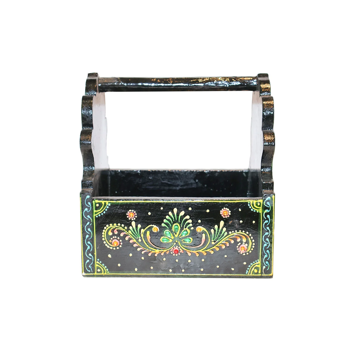 ArtistryBazaar 8"L x 8"W x 8"H inch handmade wooden magazine rack with floral carvings, black with green, yellow, and gold accents, easy to carry, designed for organizing books and magazines.