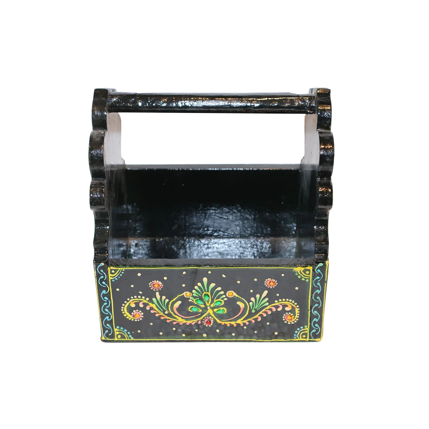 ArtistryBazaar 8"L x 8"W x 8"H inch handmade wooden magazine rack with floral carvings, black with green, yellow, and gold accents, easy to carry, designed for organizing books and magazines.
