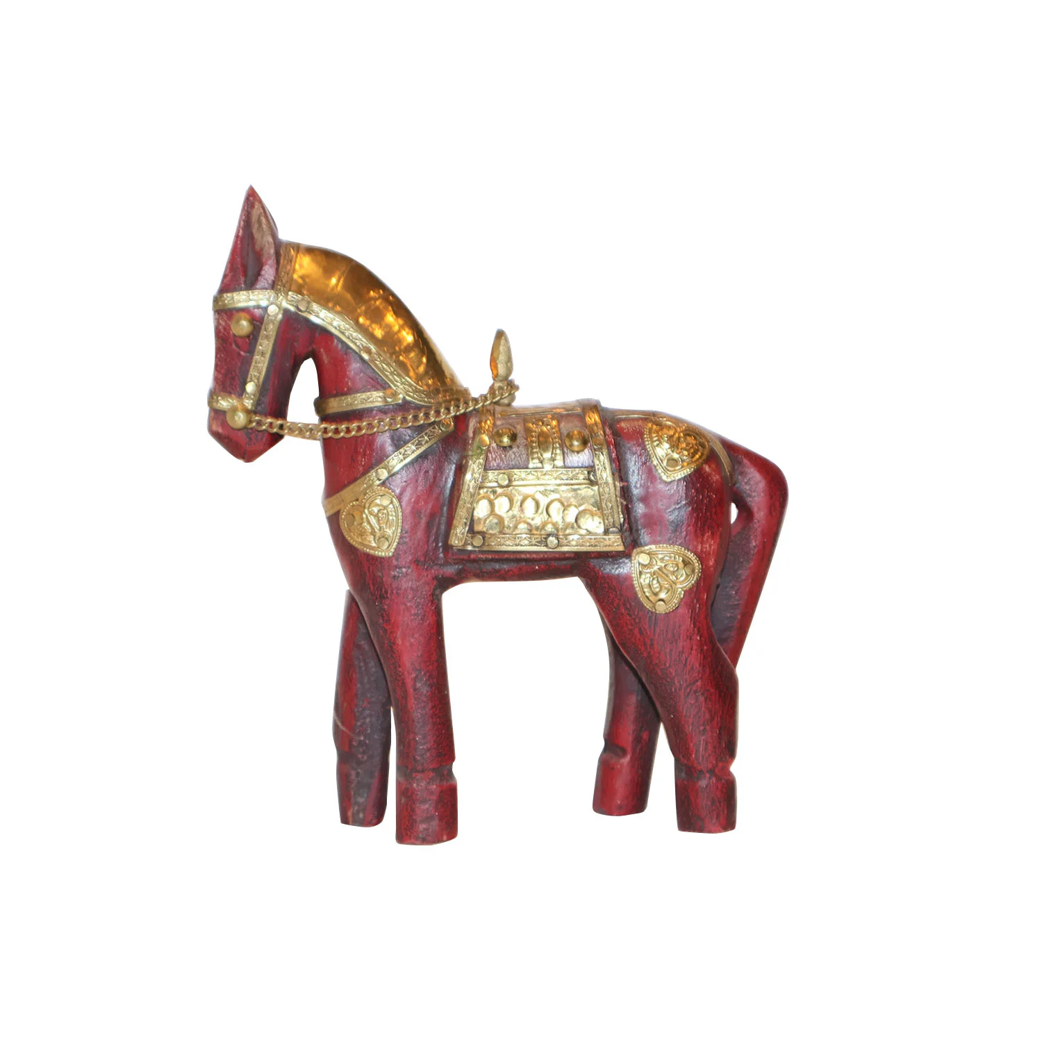 ArtistryBazaar 5.5"L x 2"W x 6"H inch hand-carved wooden horse, maroon and golden masterpiece, handmade by local artisans, ideal for tables, shelves, or as a thoughtful gift.