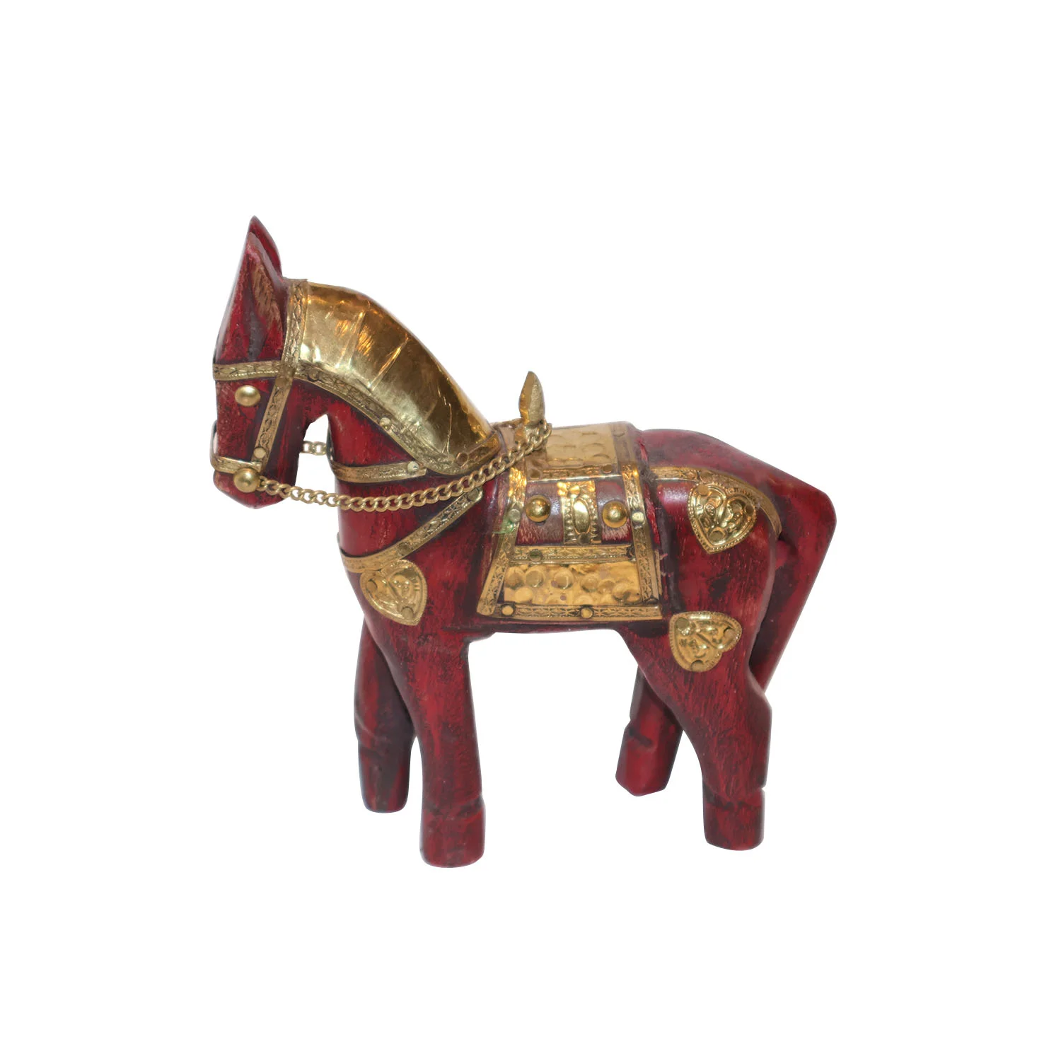 ArtistryBazaar 5.5"L x 2"W x 6"H inch hand-carved wooden horse, maroon and golden masterpiece, handmade by local artisans, ideal for tables, shelves, or as a thoughtful gift.