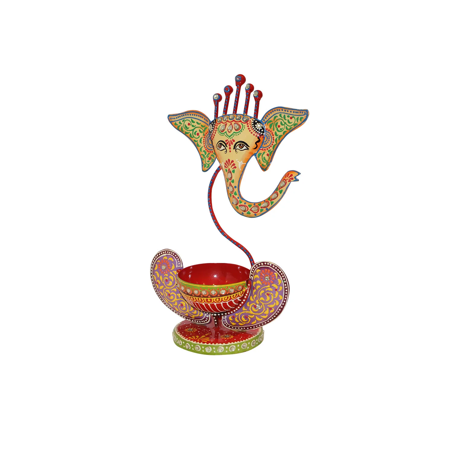 ArtistryBazaar 6"L x 4"W x 10"H inch handmade metal Lord Ganesha tea light holder, hand-painted in rich colors to bring good fortune, wisdom, and spiritual blessings to your space.