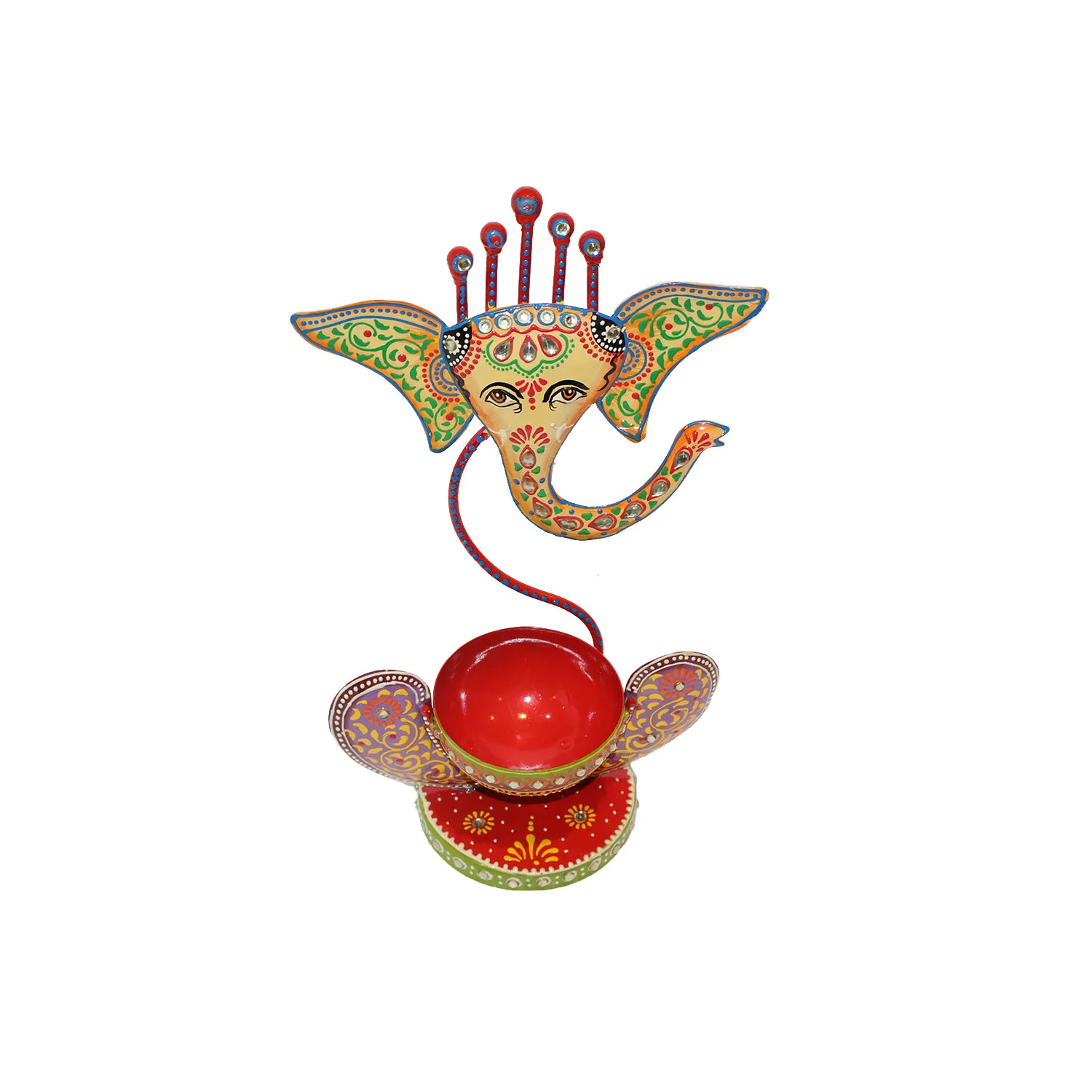 ArtistryBazaar 6"L x 4"W x 10"H inch handmade metal Lord Ganesha tea light holder, hand-painted in rich colors to bring good fortune, wisdom, and spiritual blessings to your space.
