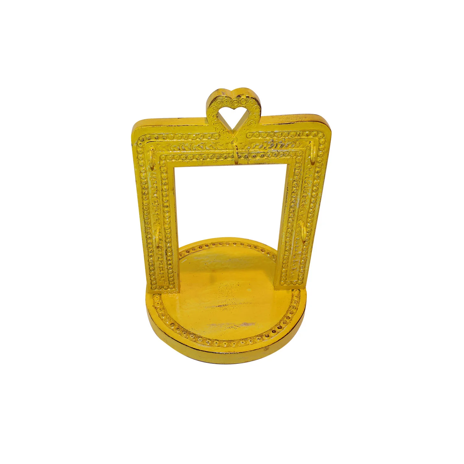 ArtistryBazaar 9"L x 9"W x 14"H inch handcrafted wooden key holder, bright yellow frame with multiple hooks, crown top, eye-catching design for your interior, wall & tabletop decor!