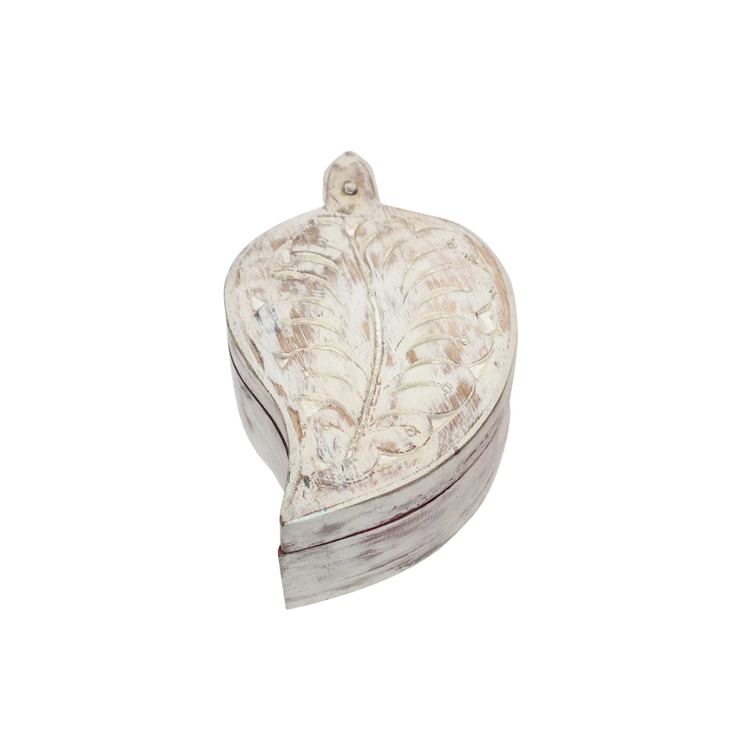 ArtistryBazaar 6.5"L x 4"W x 2.5"H inch handmade wooden jewelry box in leaf design, compact size with white lid & dual compartments, great for small valuables items. 