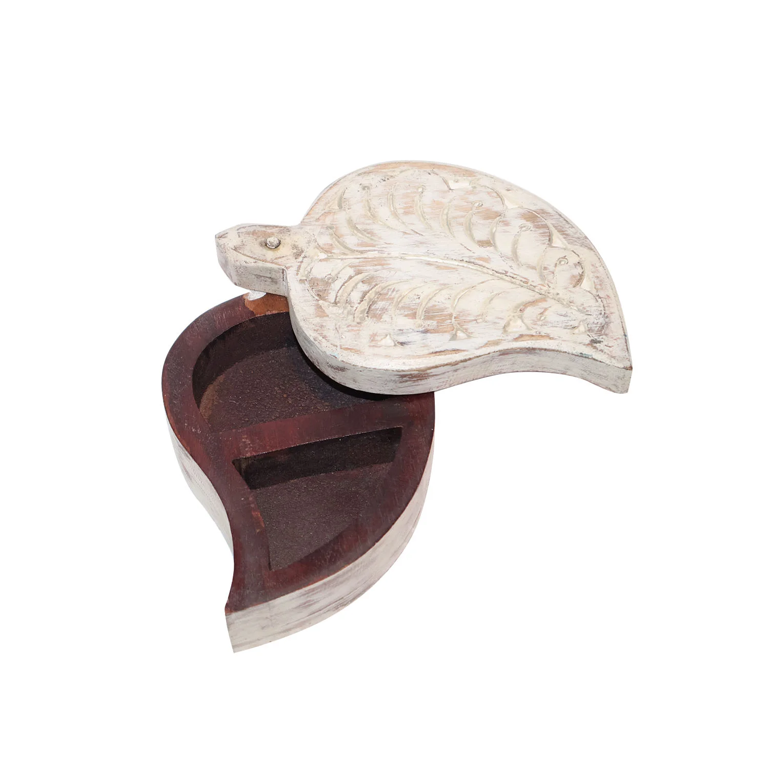 ArtistryBazaar 6.5"L x 4"W x 2.5"H inch handmade wooden jewelry box in leaf design, compact size with white lid & dual compartments, great for small valuables items. 