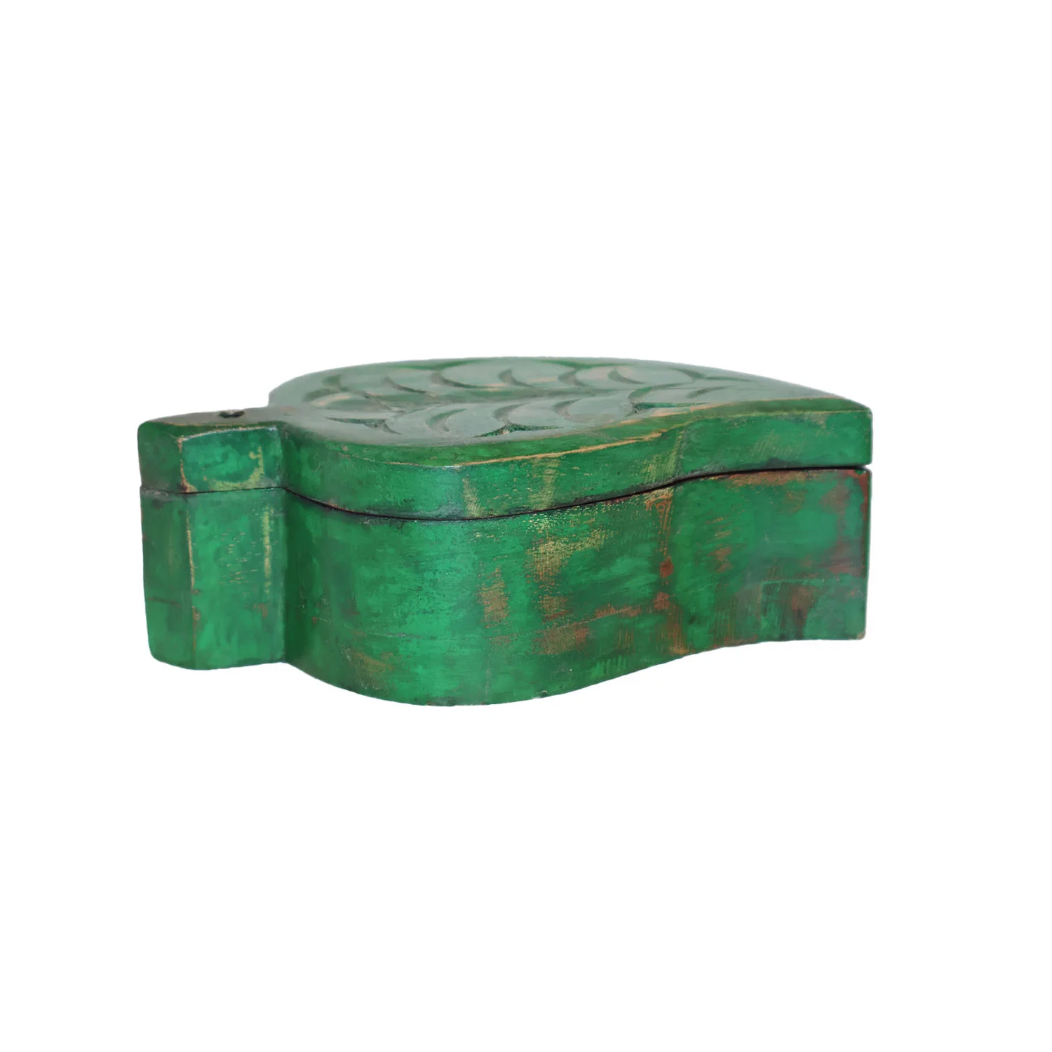 ArtistryBazaar 6.5"L x 4"W x 2.5"H inch handmade leaf-shaped wooden jewelry box, treasure holder with two compartments, green lid & brown base, compact organizer for jewelry.