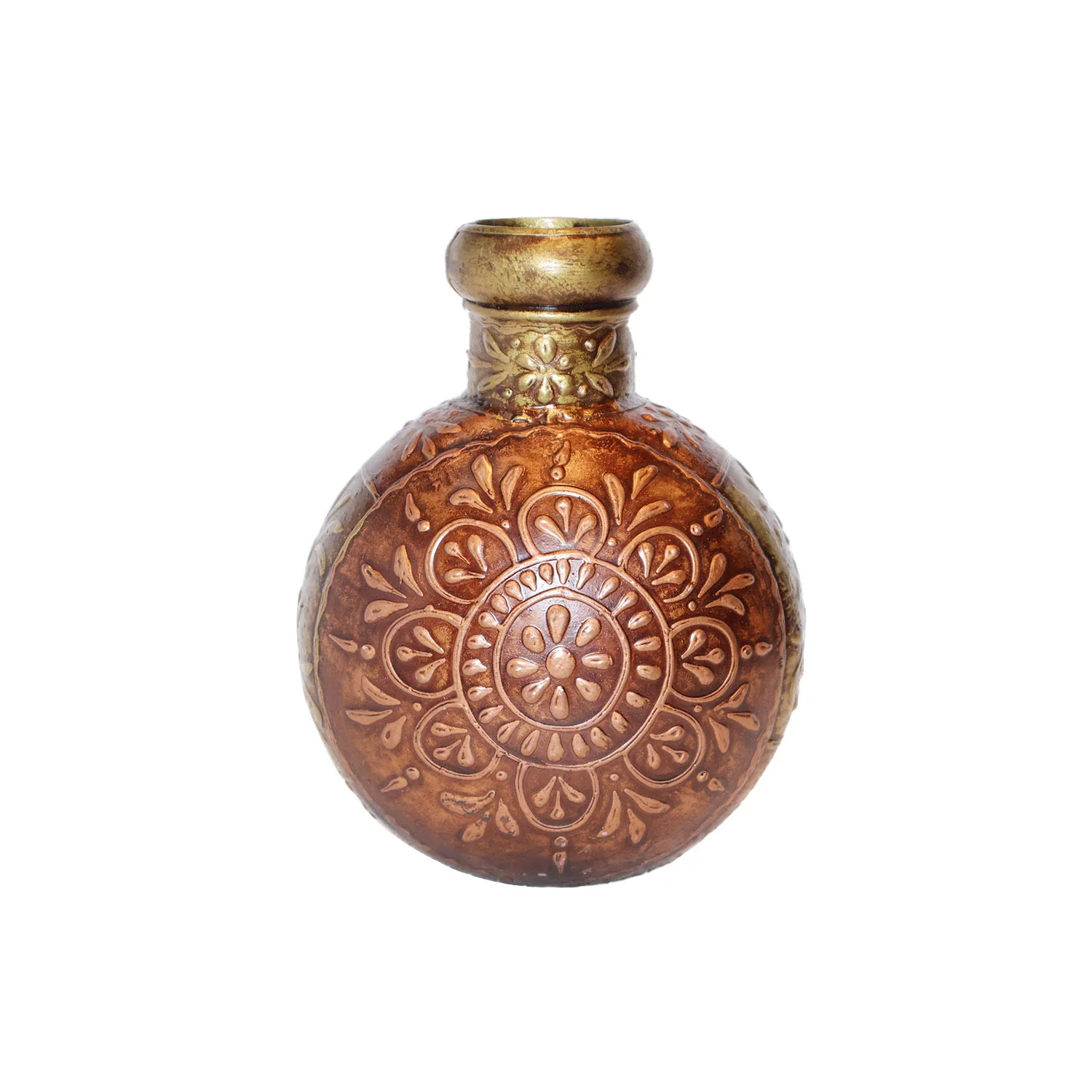  ArtistryBazaar 5.5"L x 5.5"W x 8"H inch 100% handmade iron flower pot, a golden-brown sphere of art, polished neck, hand-etched details, suitable for home decor.