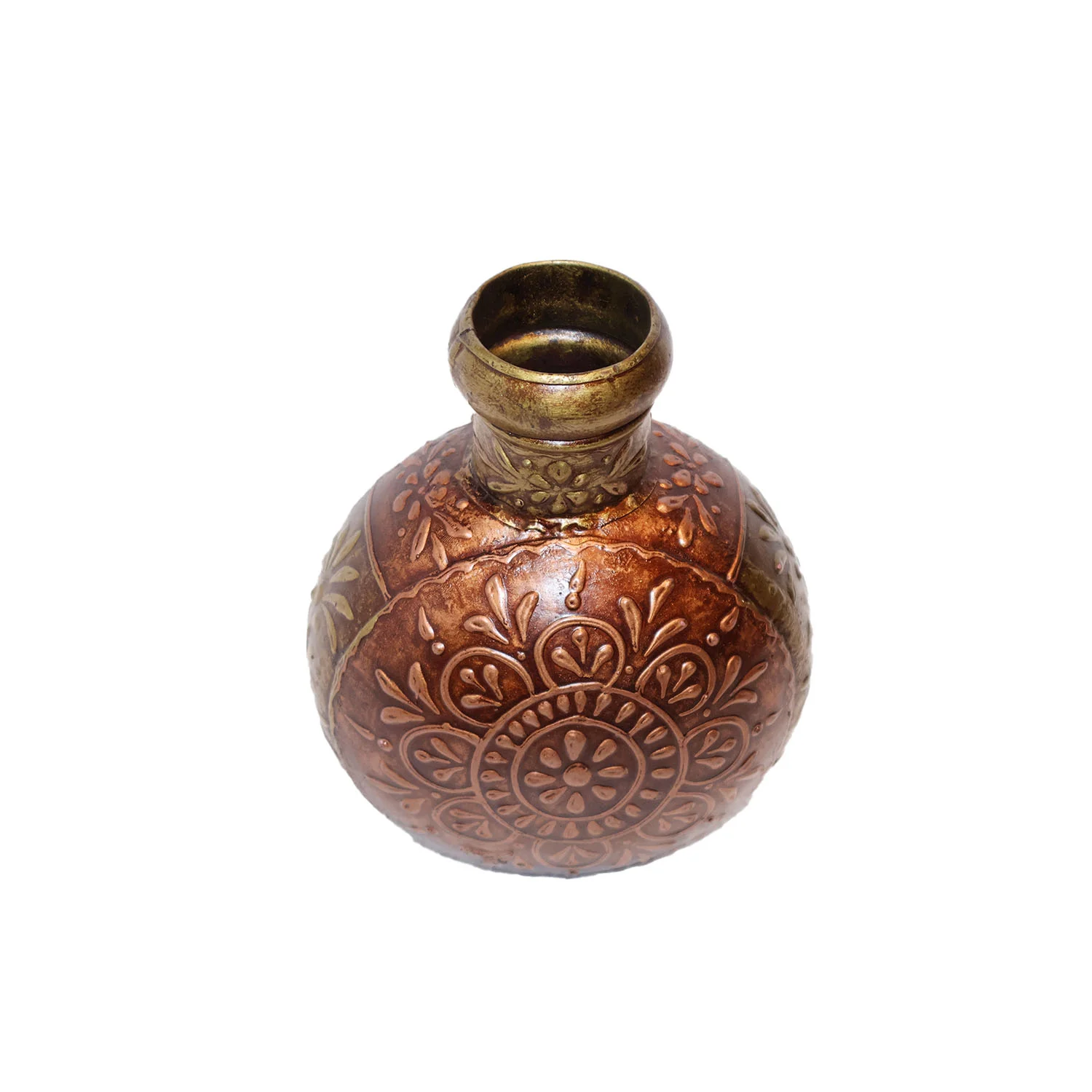  ArtistryBazaar 5.5"L x 5.5"W x 8"H inch 100% handmade iron flower pot, a golden-brown sphere of art, polished neck, hand-etched details, suitable for home decor.