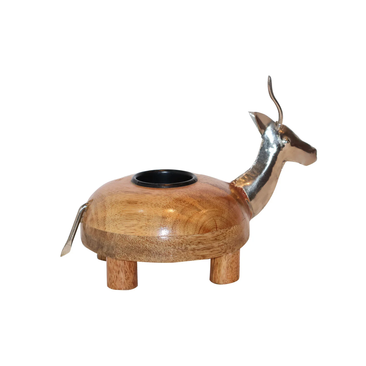 ArtistryBazaar 7"L x 4.8"W x 4"H inch wooden & metallic candle holder with deer design, handmade present for decor lovers, crafted by local artisans for your home.