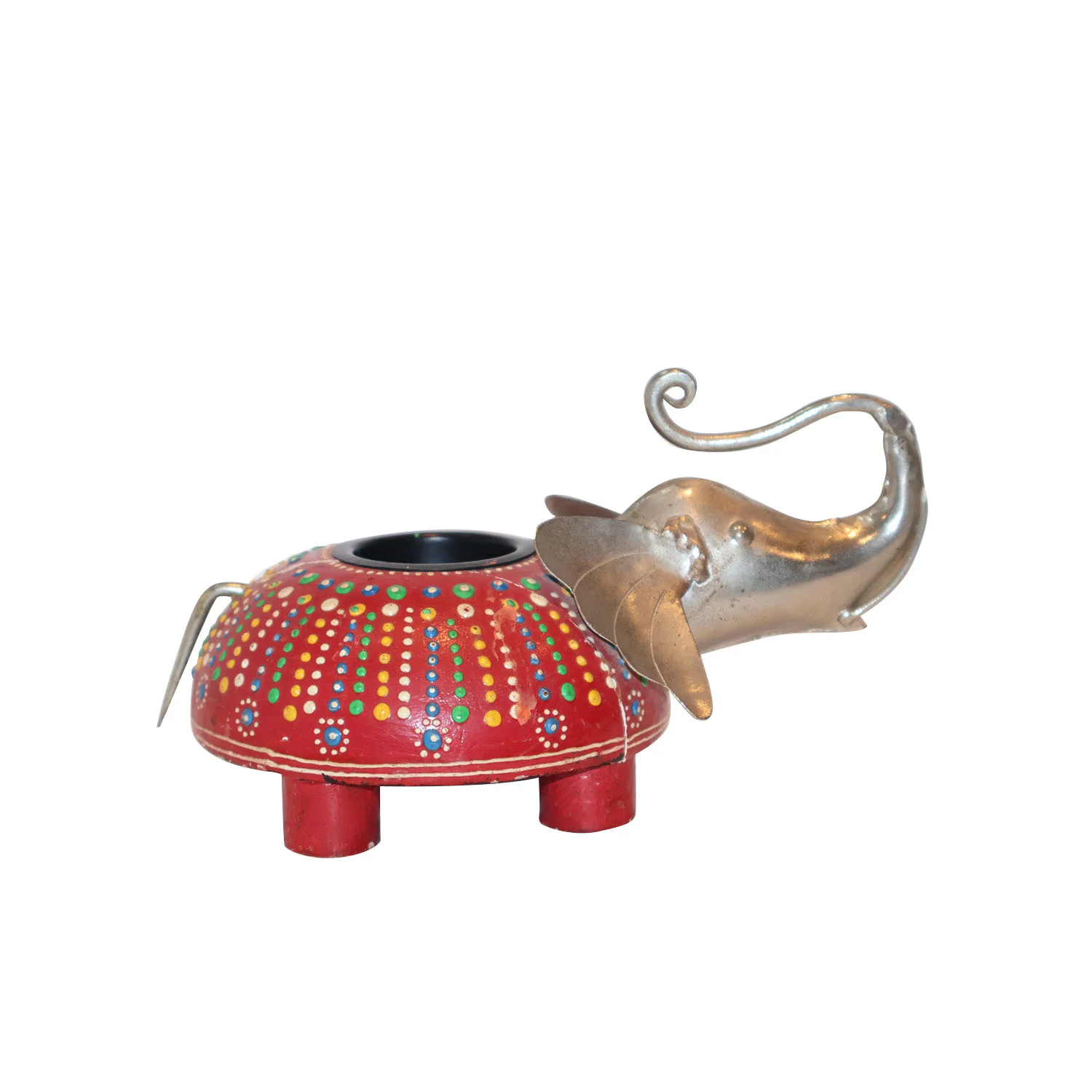 ArtistryBazaar 7"L x 4.8"W x 3.5"H inch handmade elephant candle holder, compact red wooden design with metal elephant details, space-saving decor item, add glow anywhere.