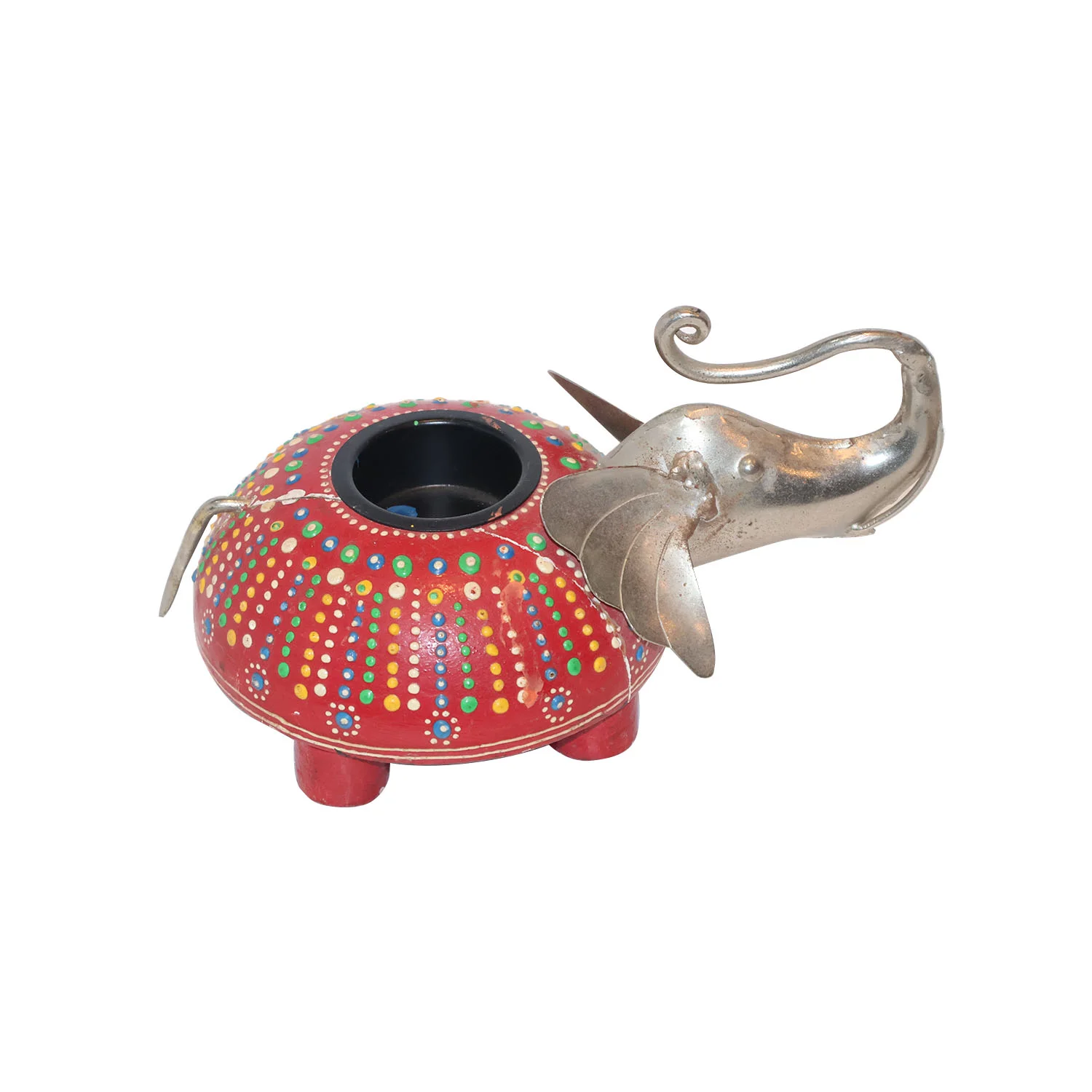 ArtistryBazaar 7"L x 4.8"W x 3.5"H inch handmade elephant candle holder, compact red wooden design with metal elephant details, space-saving decor item, add glow anywhere.