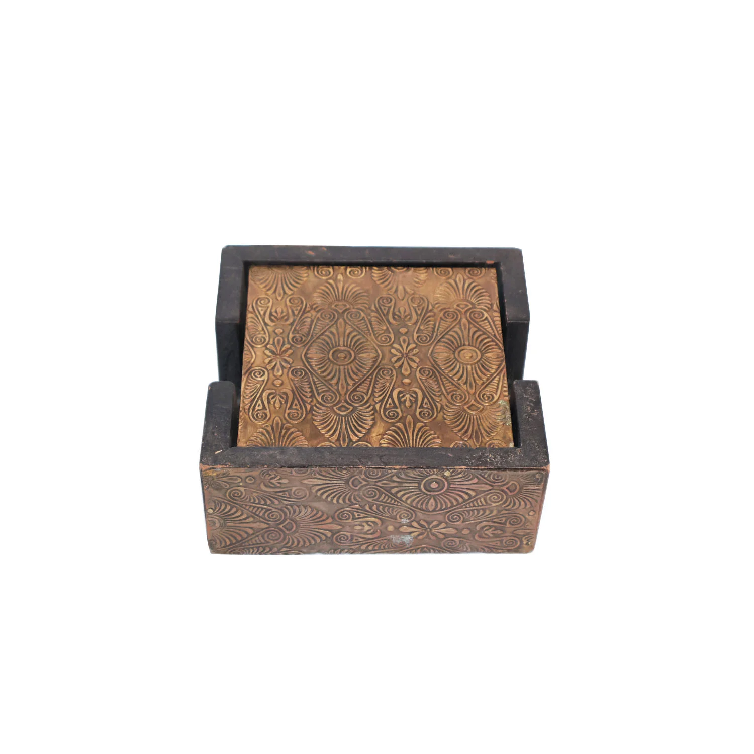 ArtistryBazaar 5"L x 5"W x 2.2"H inch handmade black wooden box with 6 golden coasters, simple design, handmade by artisans, ideal for coffee and dining tables!