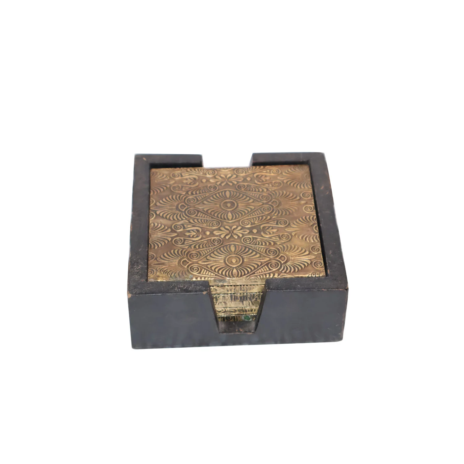 ArtistryBazaar 5"L x 5"W x 2.2"H inch handmade black wooden box with 6 golden coasters, simple design, handmade by artisans, ideal for coffee and dining tables!