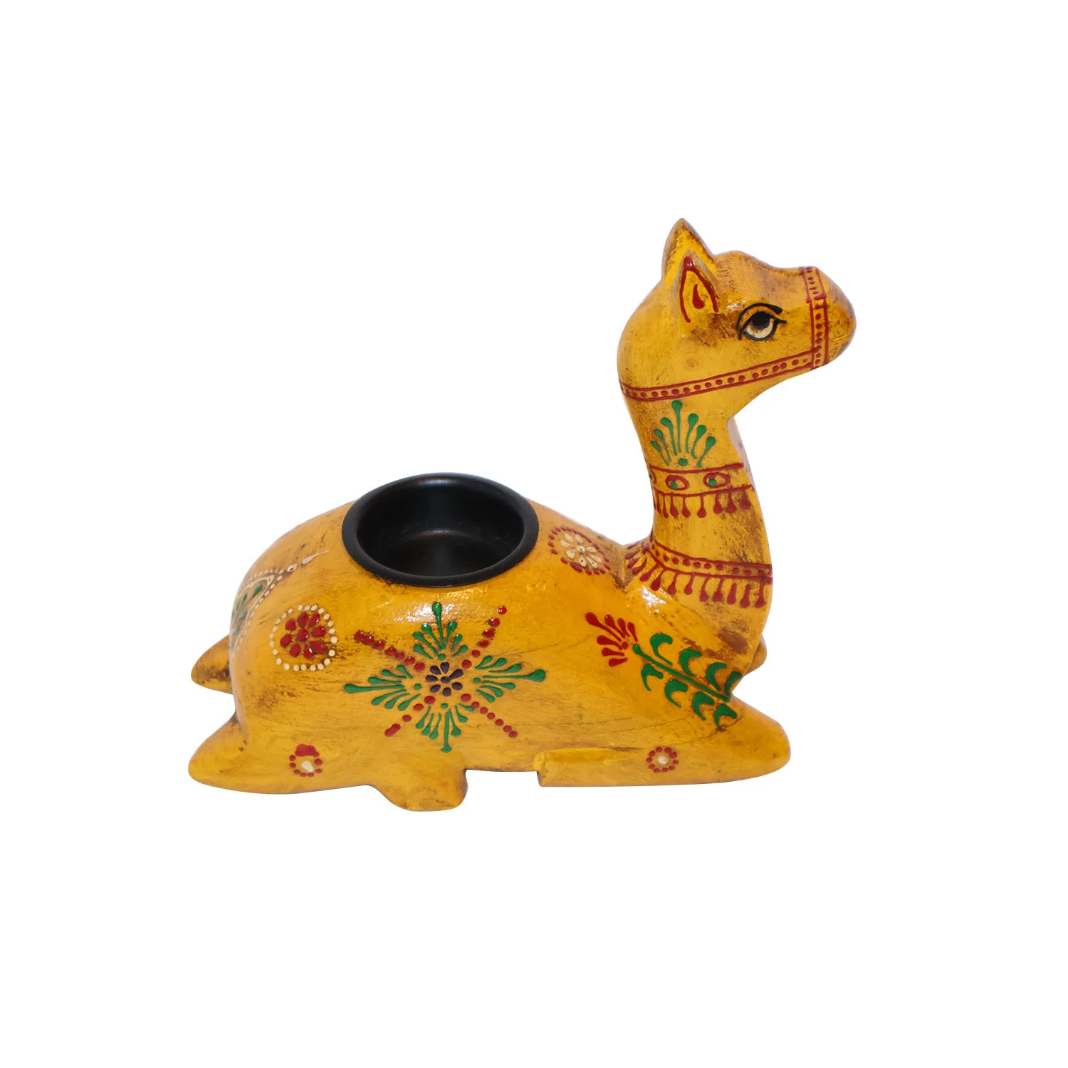 ArtistryBazaar 6"L x 2.5"W x 6"H inch handmade camel-shaped candle holder, wooden and metal design with yellow, red & green colors, perfect for home lighting and decor