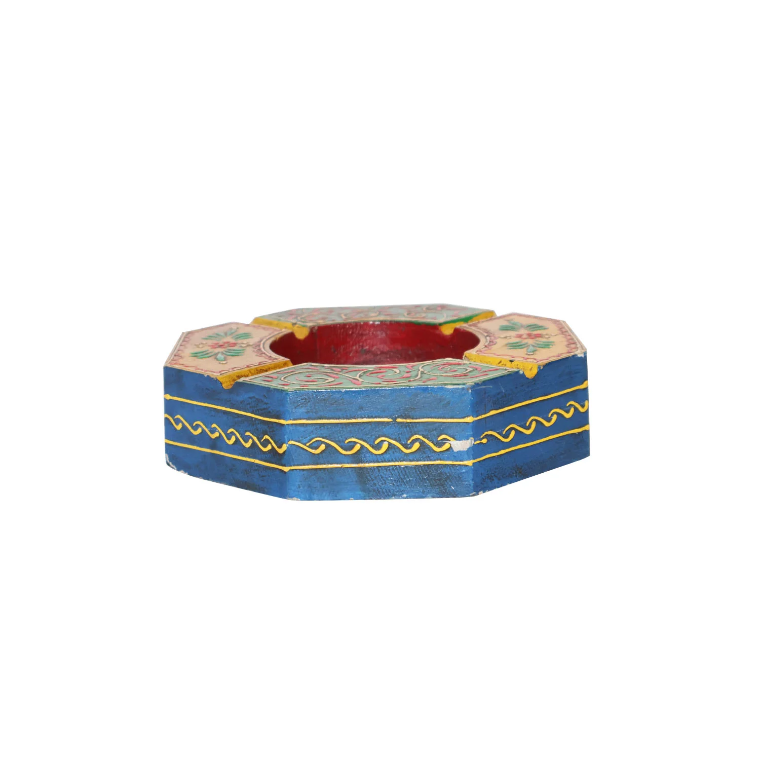 ArtistryBazaar 6"L x 6"W x 1.5"H inch handmade wooden ashtray, multicolor design, handcrafted by artisans, compact size, place on tables and counters with artistic appeal and everyday use.