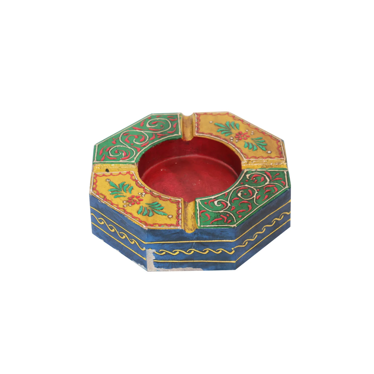 ArtistryBazaar 6"L x 6"W x 1.5"H inch handmade wooden ashtray, multicolor design, handcrafted by artisans, compact size, place on tables and counters with artistic appeal and everyday use.