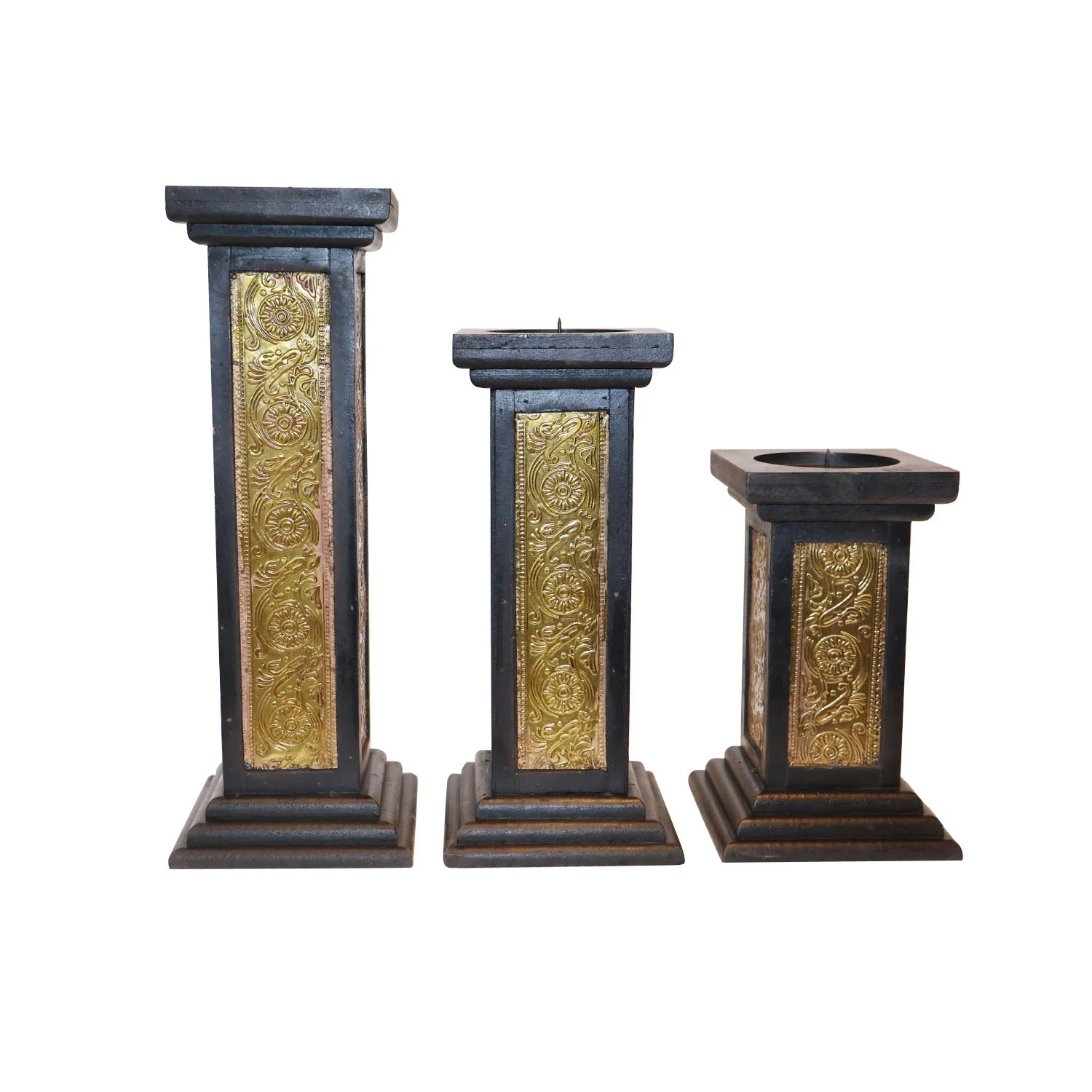 ArtistryBazaar 5.5"L x 5.5"W x 15"H inch handmade candle holders, black and gold wooden set of 3, versatile design for pillar candles in modern or classic home decor.