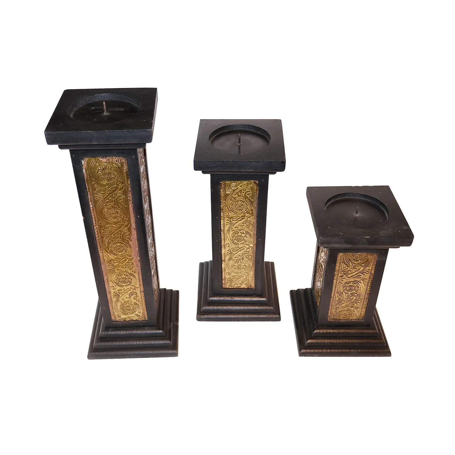 ArtistryBazaar 5.5"L x 5.5"W x 15"H inch handmade candle holders, black and gold wooden set of 3, versatile design for pillar candles in modern or classic home decor.