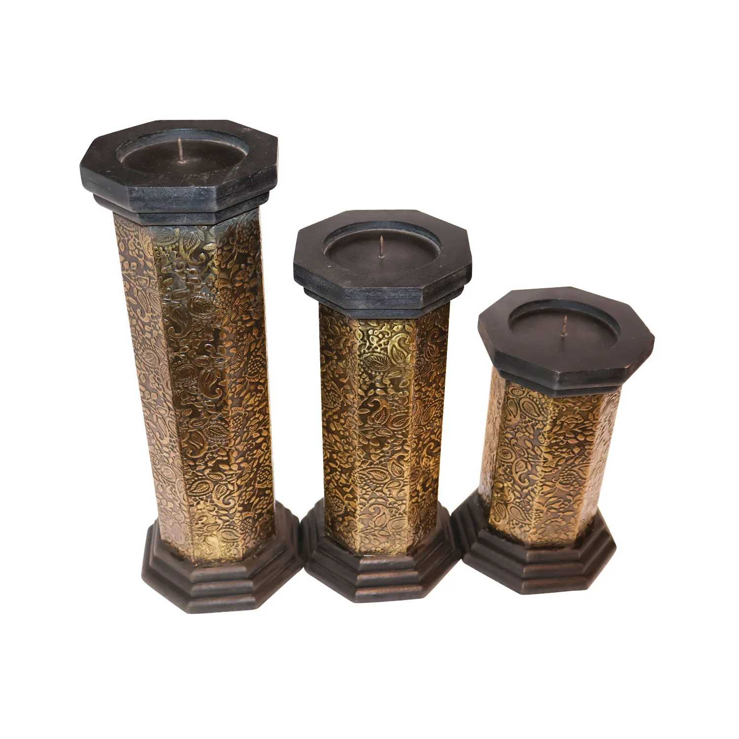 ArtistryBazaar 5.5"L x 5.5"W x 15"H inch handmade black & gold candle holders, wooden set of 3 for pillar candles, timeless addition to dining tables or mantels. 
