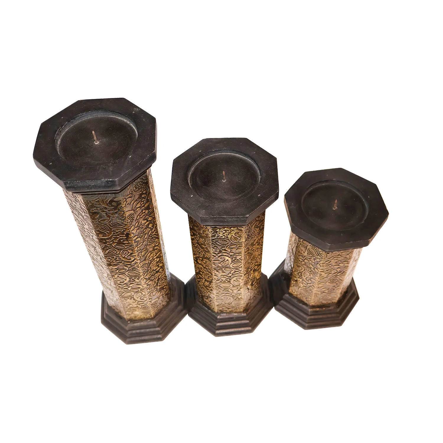 ArtistryBazaar 5.5"L x 5.5"W x 15"H inch handmade black & gold candle holders, wooden set of 3 for pillar candles, timeless addition to dining tables or mantels. 
