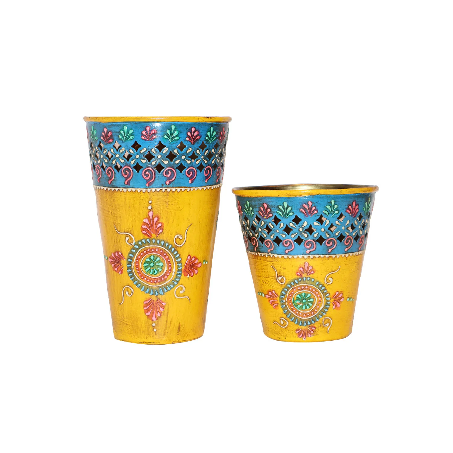 ArtistryBazaar 4"L x 4"W x 7"H inch handmade metal incense holders in bright yellow, blue lattice, floral design with a smooth finish, crafted by local artisans for relaxation and peace!