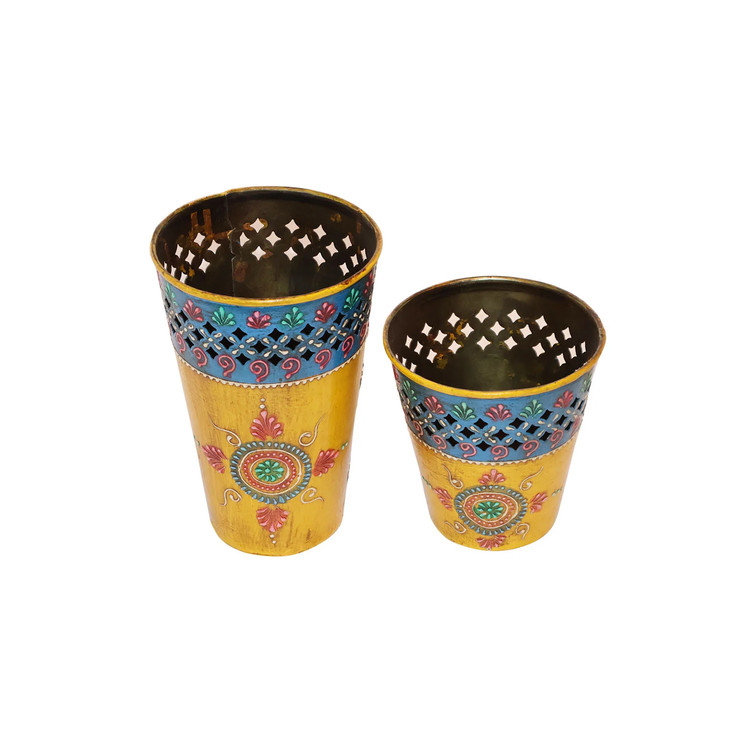 ArtistryBazaar 4"L x 4"W x 7"H inch handmade metal incense holders in bright yellow, blue lattice, floral design with a smooth finish, crafted by local artisans for relaxation and peace!