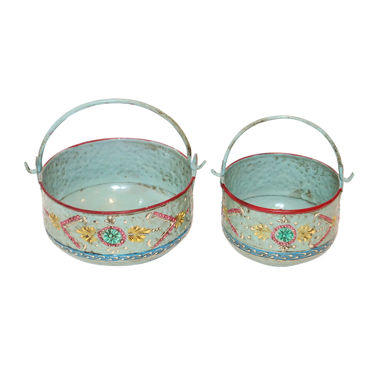ArtistryBazaar 5.5"L x 5.5"W x 2"H inch pair of handmade metal baskets with curved handles, colorful floral patterns, suitable for home decor, gift baskets, and storage solutions.