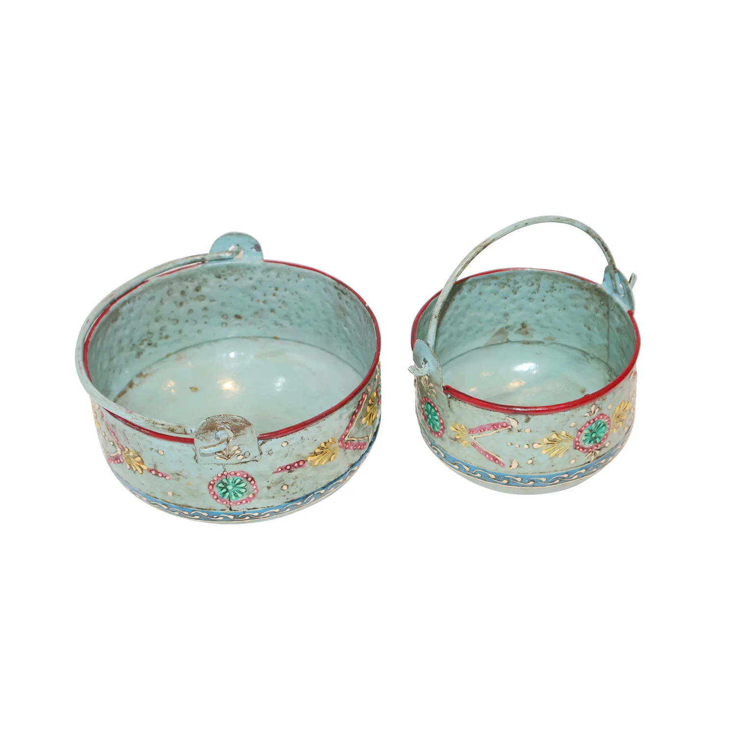 ArtistryBazaar 5.5"L x 5.5"W x 2"H inch pair of handmade metal baskets with curved handles, colorful floral patterns, suitable for home decor, gift baskets, and storage solutions.