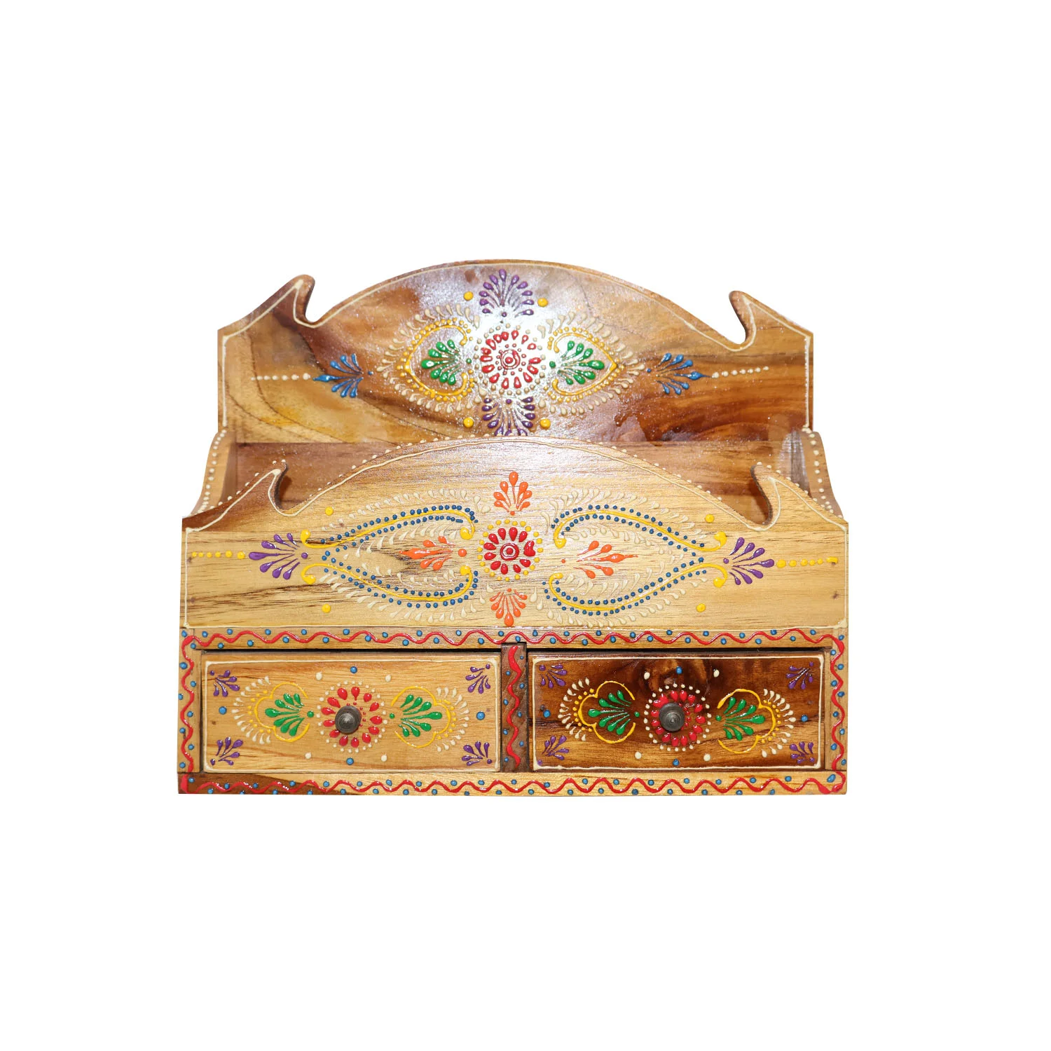 ArtistryBazaar 12"L x 3.5"W x 10"H inch wooden magazine rack with two drawers, hand-painted rustic finish, compact storage for magazines, letters, or trinkets, artisan-made with knobs.