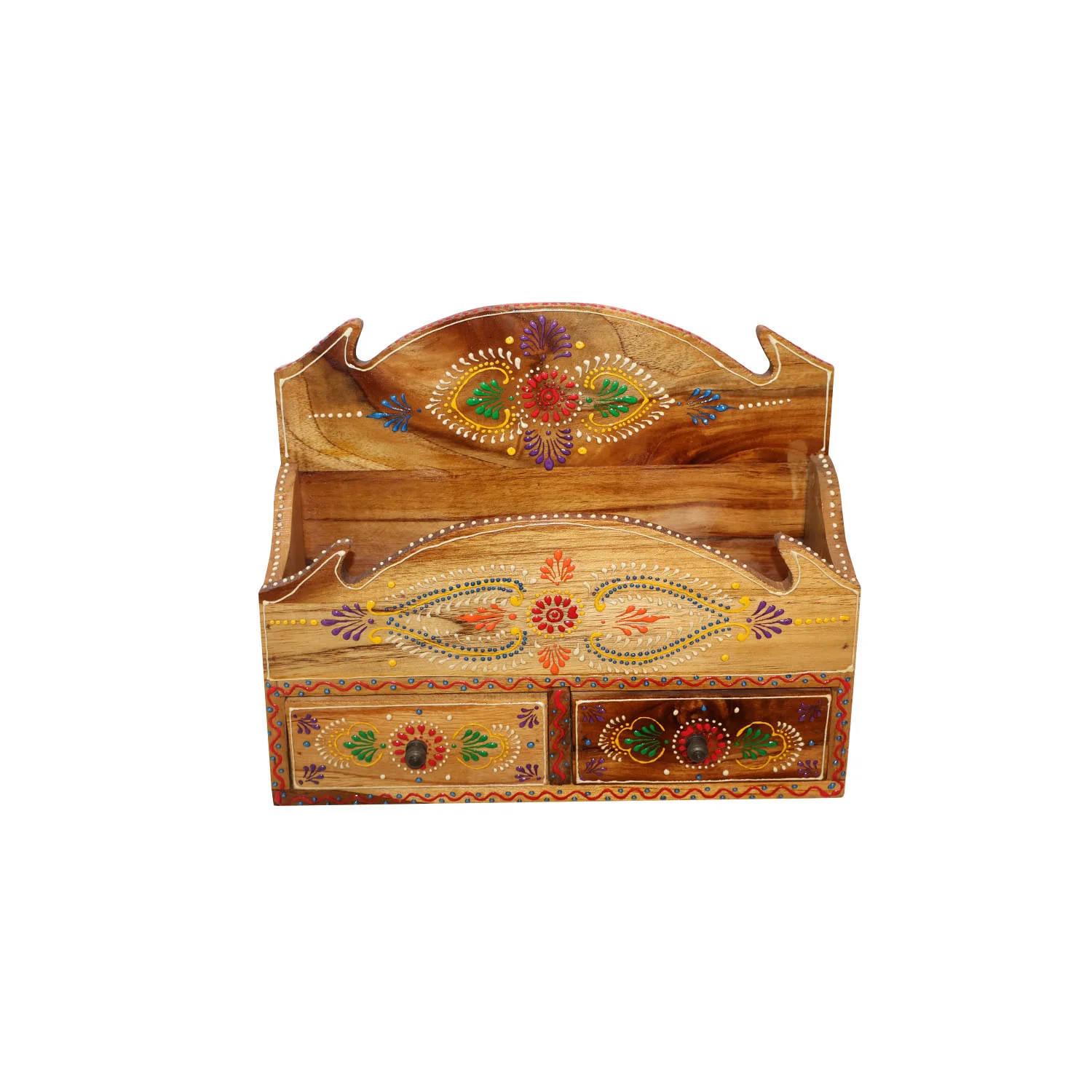 ArtistryBazaar 12"L x 3.5"W x 10"H inch wooden magazine rack with two drawers, hand-painted rustic finish, compact storage for magazines, letters, or trinkets, artisan-made with knobs.