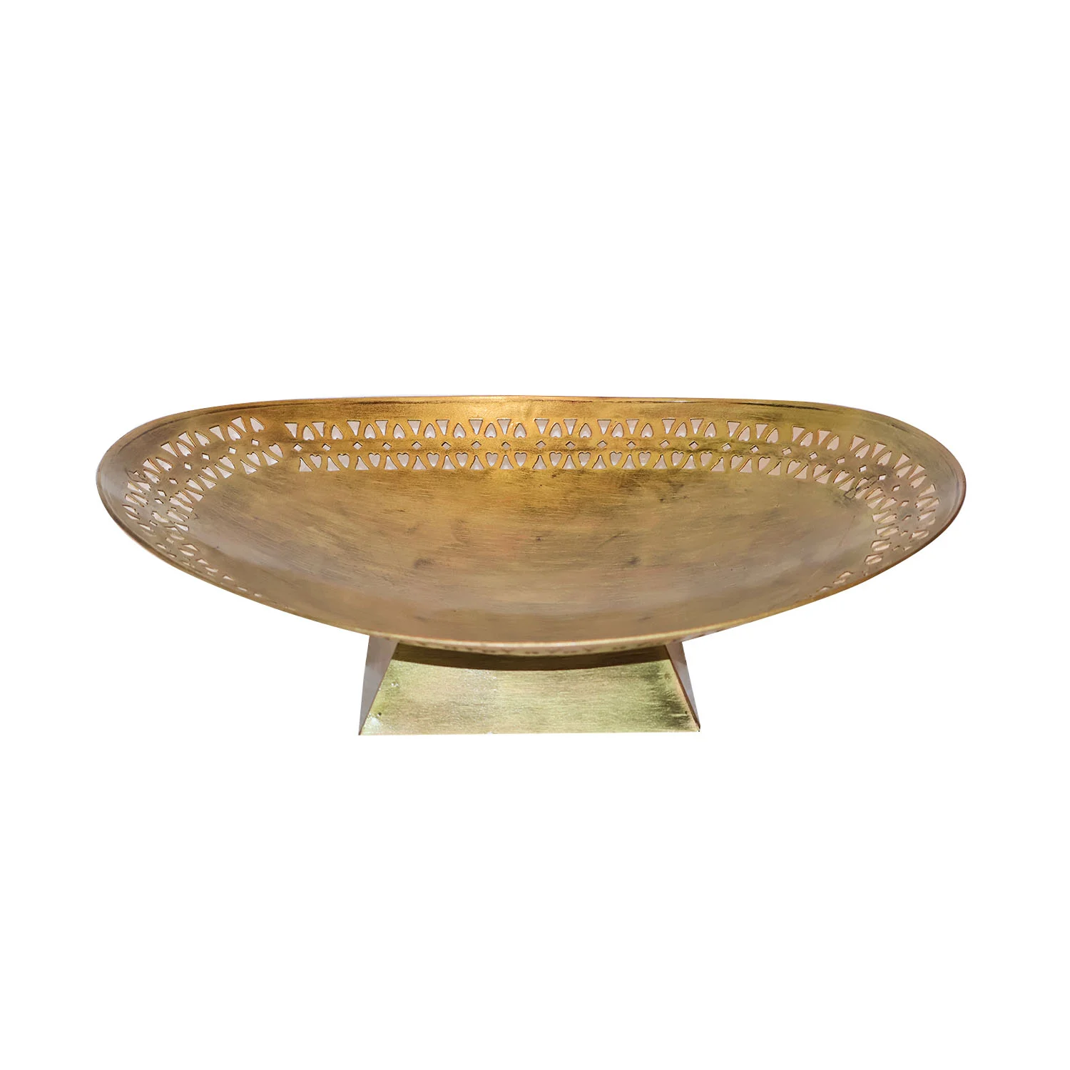 ArtistryBazaar 14"L x 10"W x 3"H inch handmade golden metal bowl, hand-engraved design, pedestal base, trendy and practical home decor item, crafted by artisans for your space.