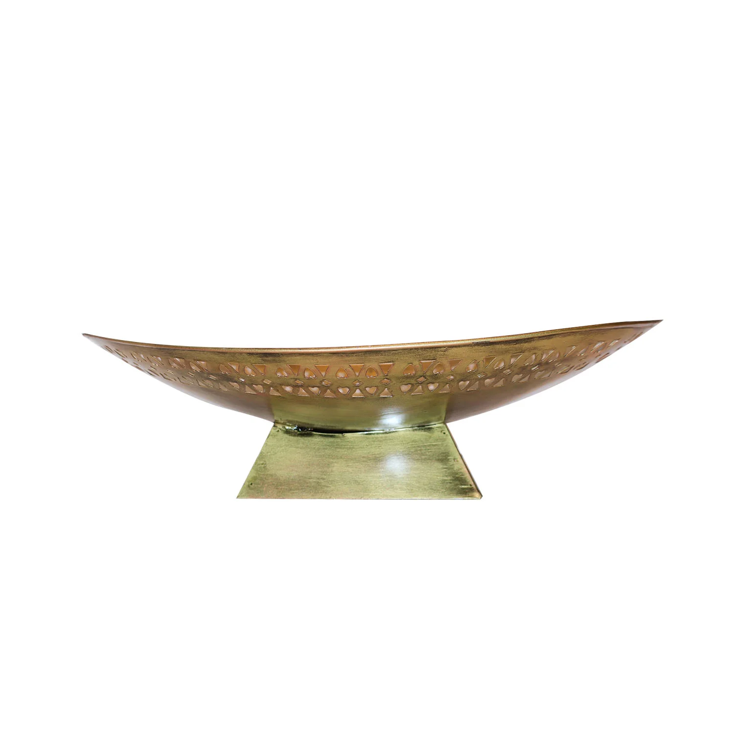 ArtistryBazaar 14"L x 10"W x 3"H inch handmade golden metal bowl, hand-engraved design, pedestal base, trendy and practical home decor item, crafted by artisans for your space.