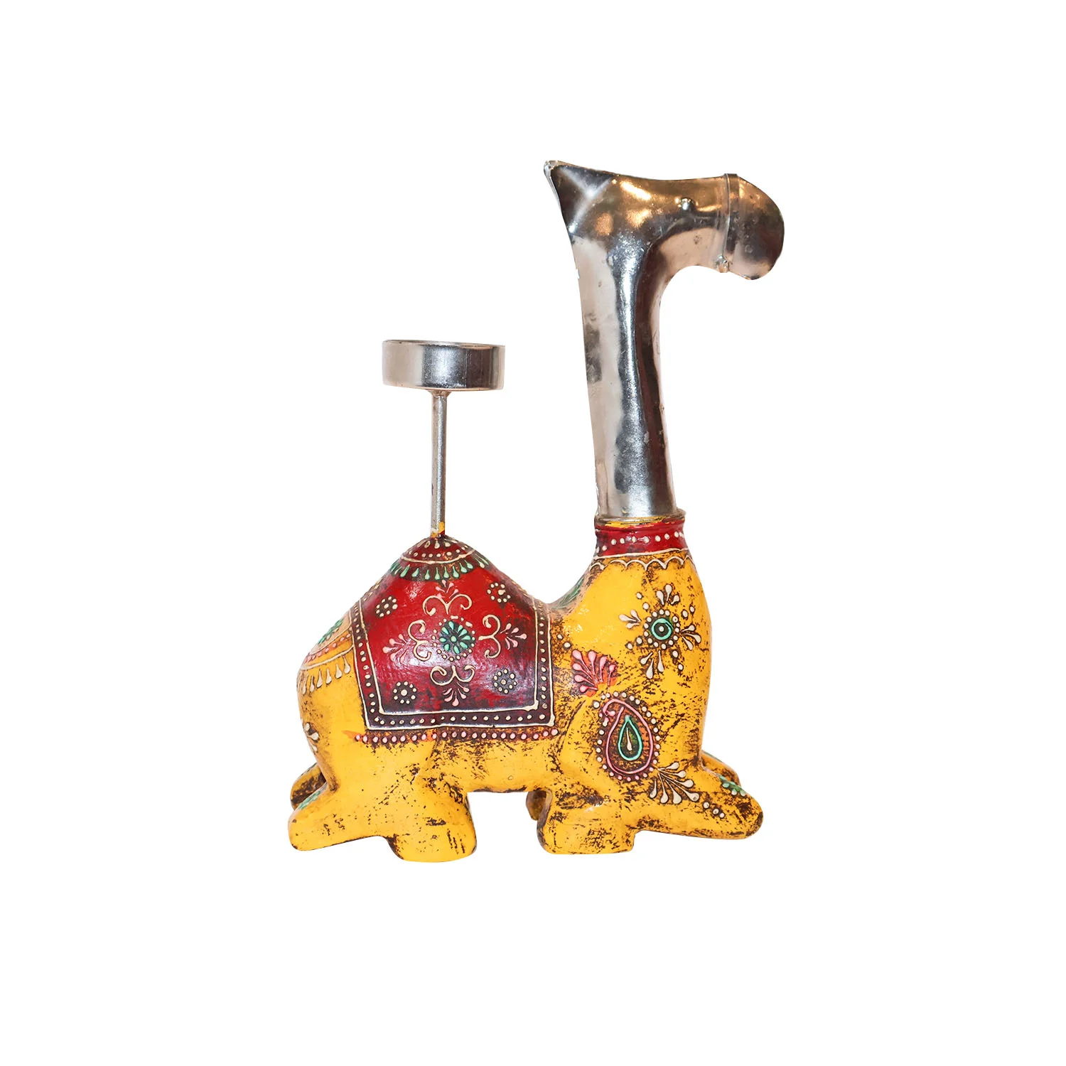 ArtistryBazaar 7"L x 3"W x 9"H inch handmade camel-shaped candle holder, yellow colored with red & black details, designed for small candles or as a playful accent piece.