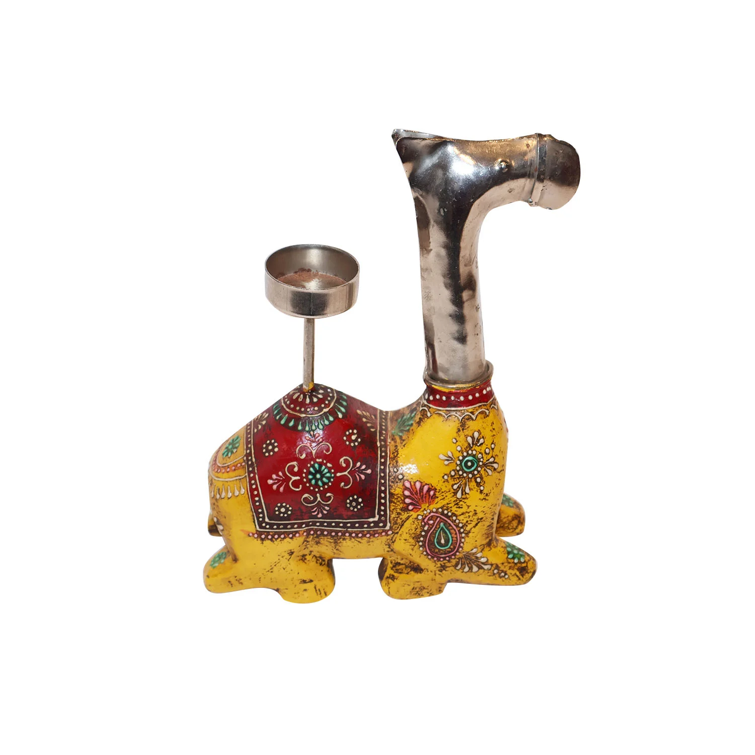 ArtistryBazaar 7"L x 3"W x 9"H inch handmade camel-shaped candle holder, yellow colored with red & black details, designed for small candles or as a playful accent piece.