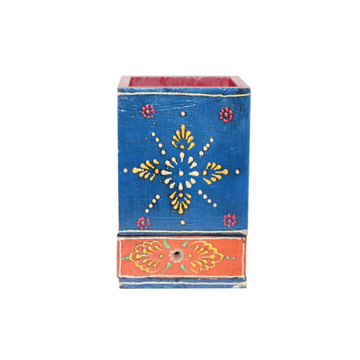 ArtistryBazaar 3.5"L x 3.5"W x 5.5"H inch handcrafted wooden open storage box with drawer at the bottom, vivid floral design, compact storage solution for your home or office.