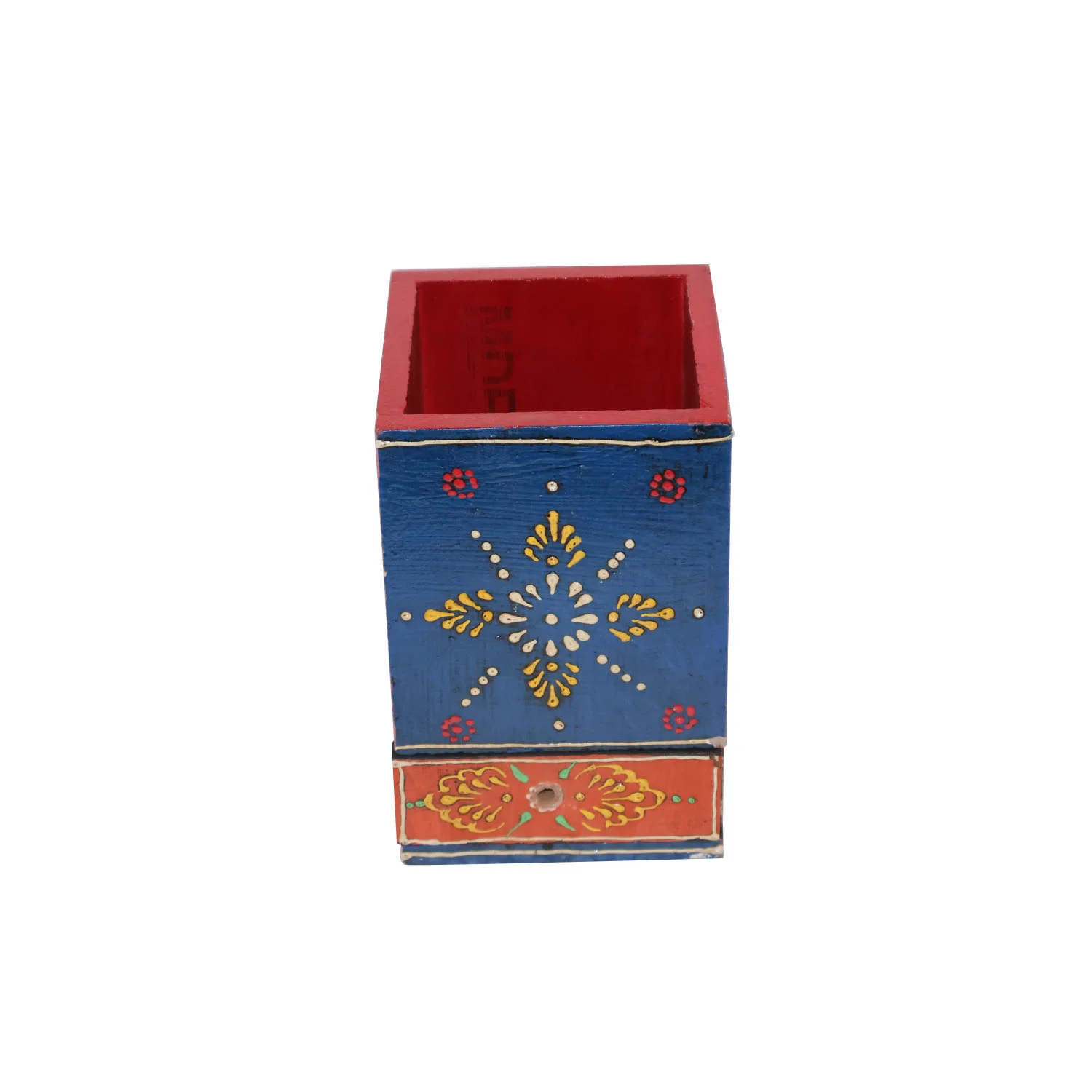 ArtistryBazaar 3.5"L x 3.5"W x 5.5"H inch handcrafted wooden open storage box with drawer at the bottom, vivid floral design, compact storage solution for your home or office.