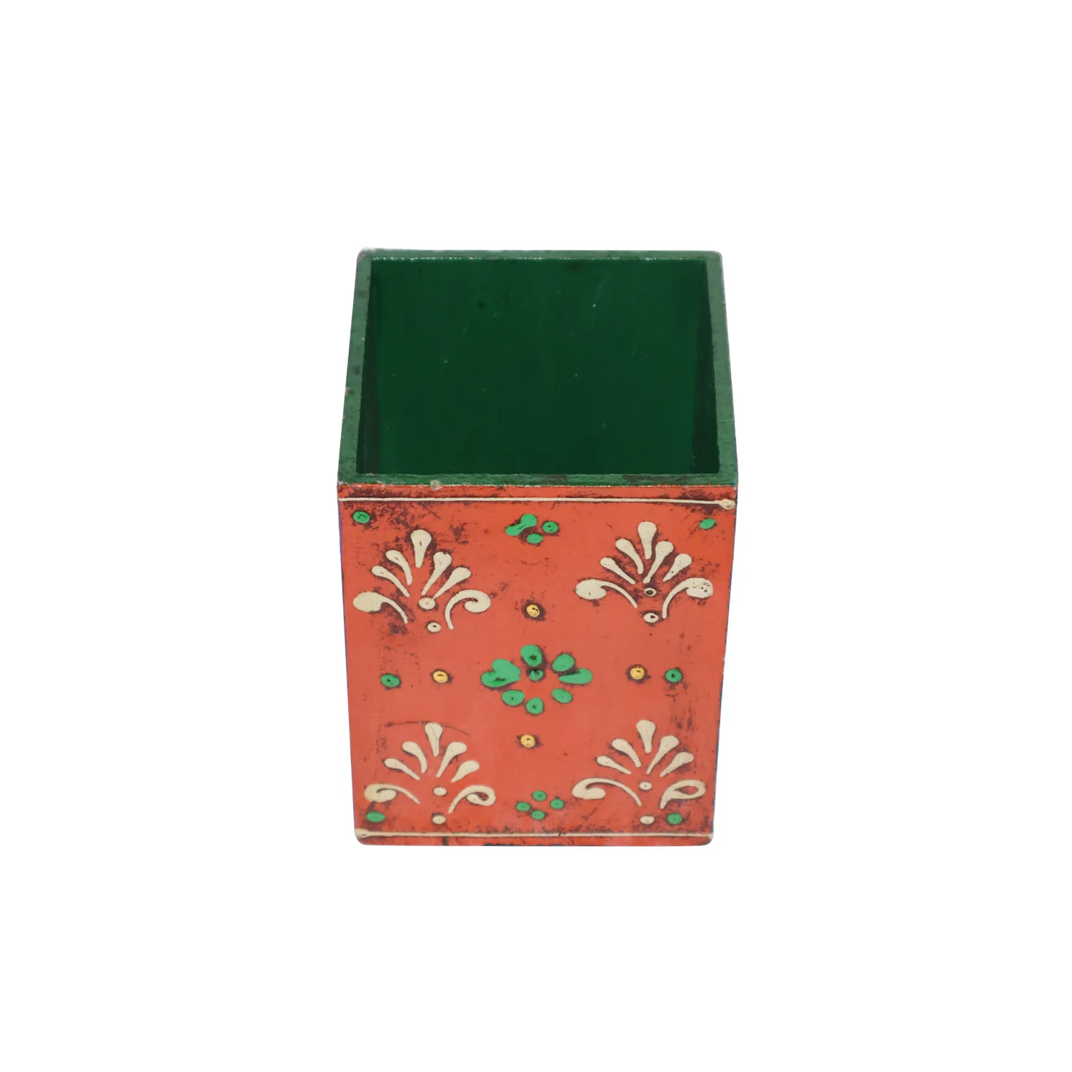 ArtistryBazaar 3"L x 3"W x 4"H inch handcrafted wooden pen & pencil holder with colorful floral design, sturdy desk organizer to keep pens, pencils, brushes, and small supplies.