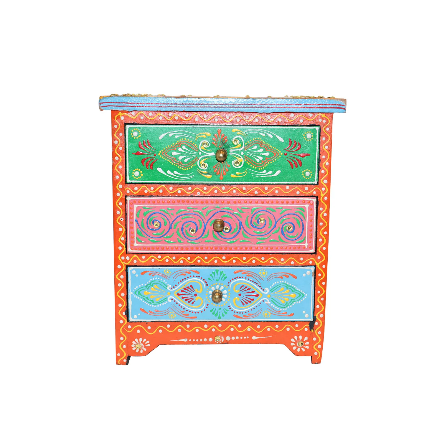 ArtistryBazaar 8.5"L x 5.5"W x 9.5"H inch handcrafted wooden storage box, 3 drawers with hand-painted designs, excellent for organizing your small necessities of your space.