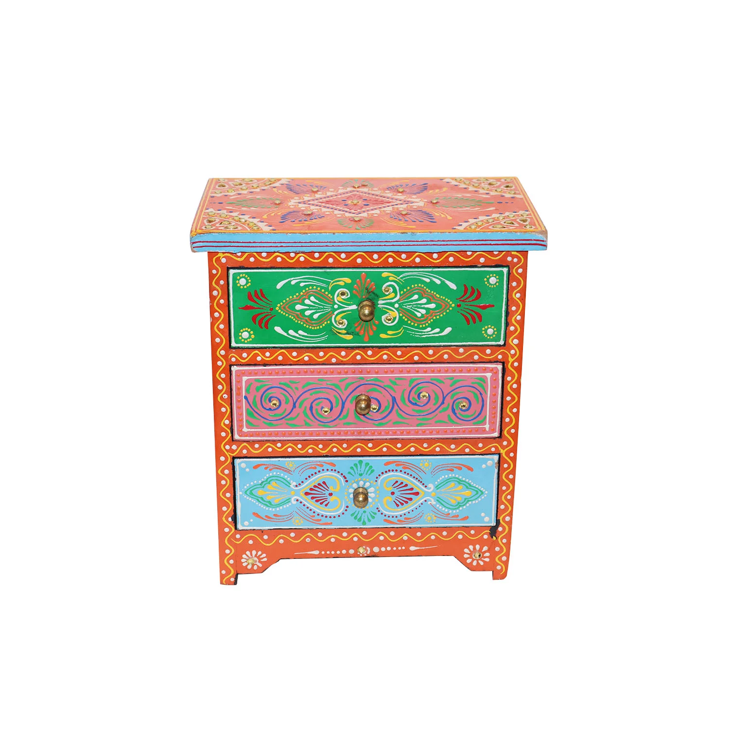 ArtistryBazaar 8.5"L x 5.5"W x 9.5"H inch handcrafted wooden storage box, 3 drawers with hand-painted designs, excellent for organizing your small necessities of your space.