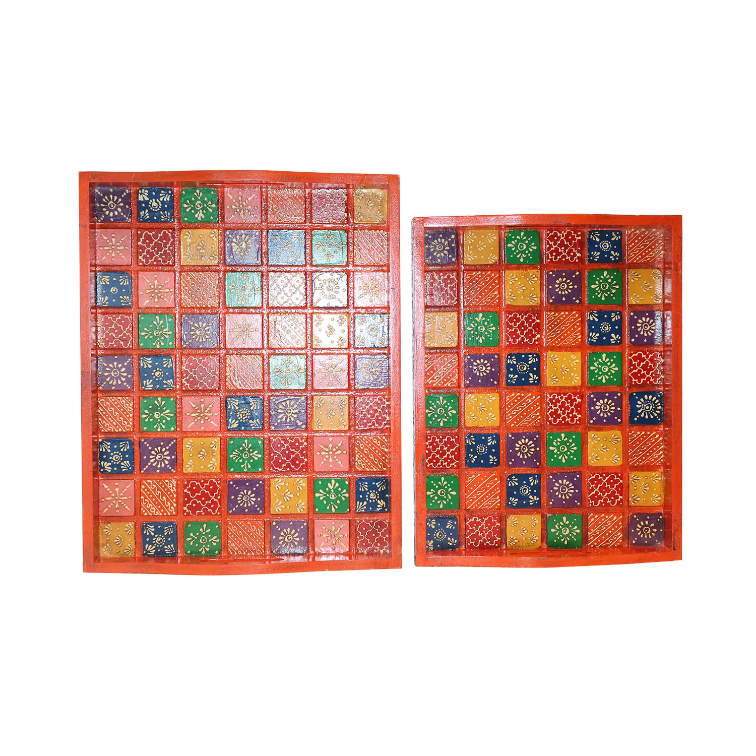 ArtistryBazaar 15"L x 12"W x 2"H inch handmade wooden serving tray set,  rectangular tray with red base, colorful checkered floral design, built-in handles, perfect for serving drinks & snacks.