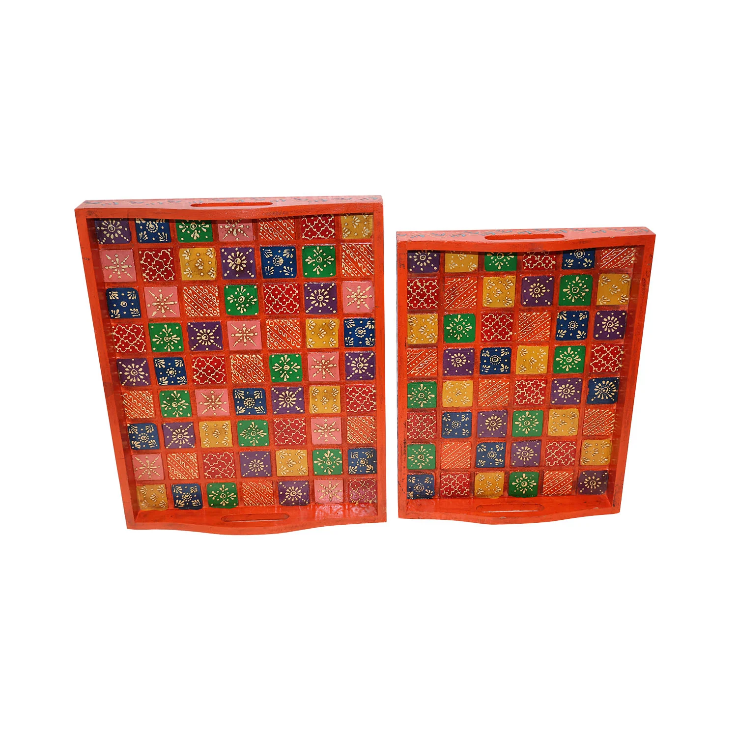 ArtistryBazaar 15"L x 12"W x 2"H inch handmade wooden serving tray set,  rectangular tray with red base, colorful checkered floral design, built-in handles, perfect for serving drinks & snacks.