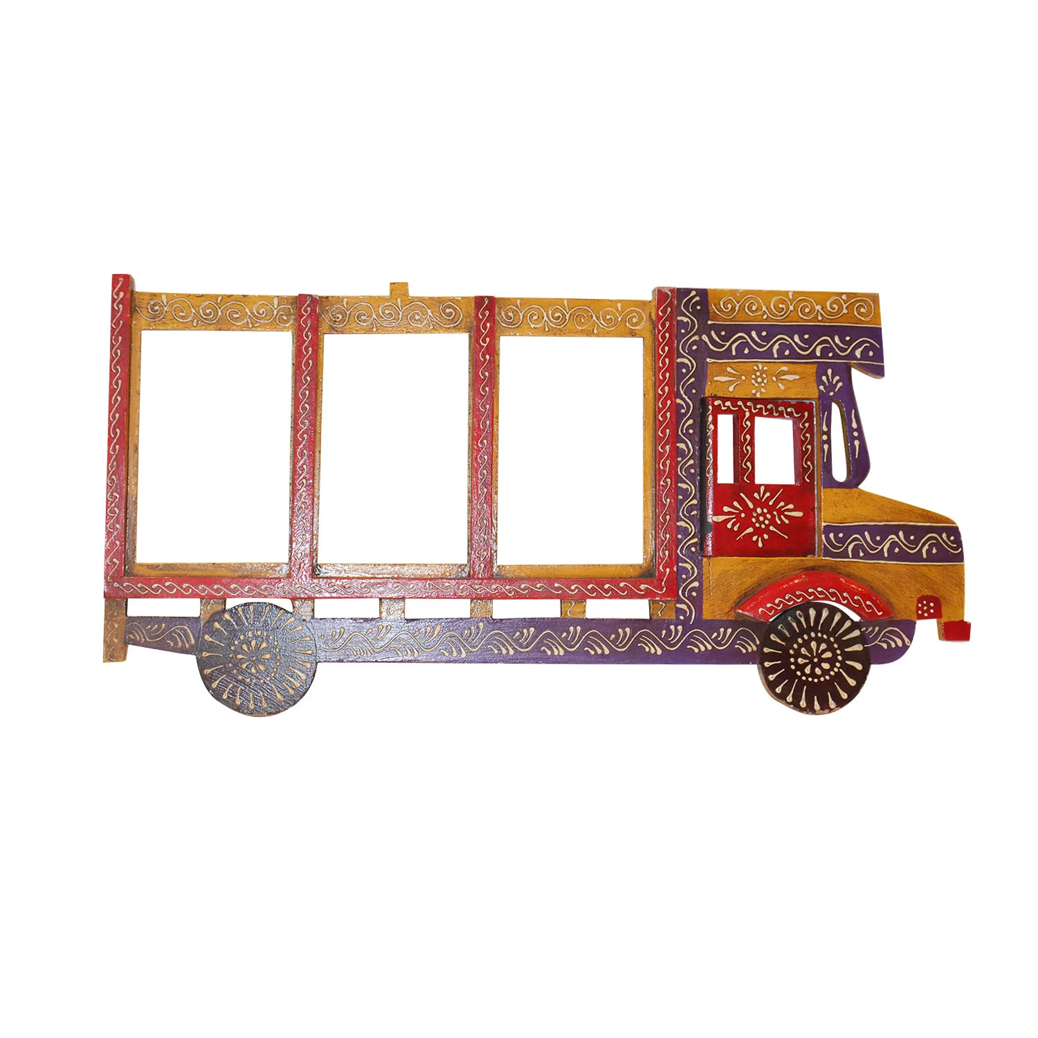 ArtistryBazaar 21"L x 10.5"W inch truck-themed handmade wooden photo frame, 3 photo slots, quirky design, filled with explosive colors, artisan details, playful, functional & creative home & office decor.
