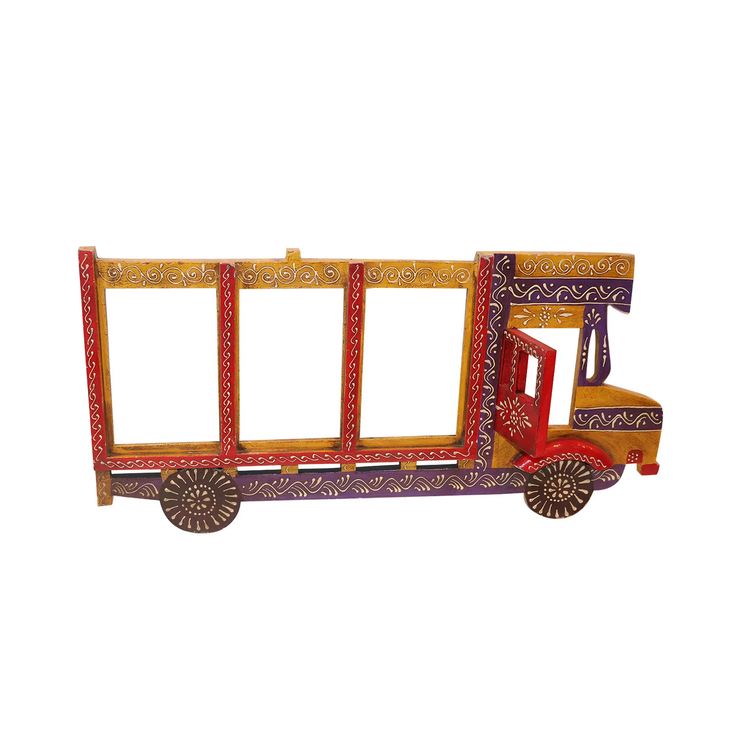 ArtistryBazaar 21"L x 10.5"W inch truck-themed handmade wooden photo frame, 3 photo slots, quirky design, filled with explosive colors, artisan details, playful, functional & creative home & office decor.