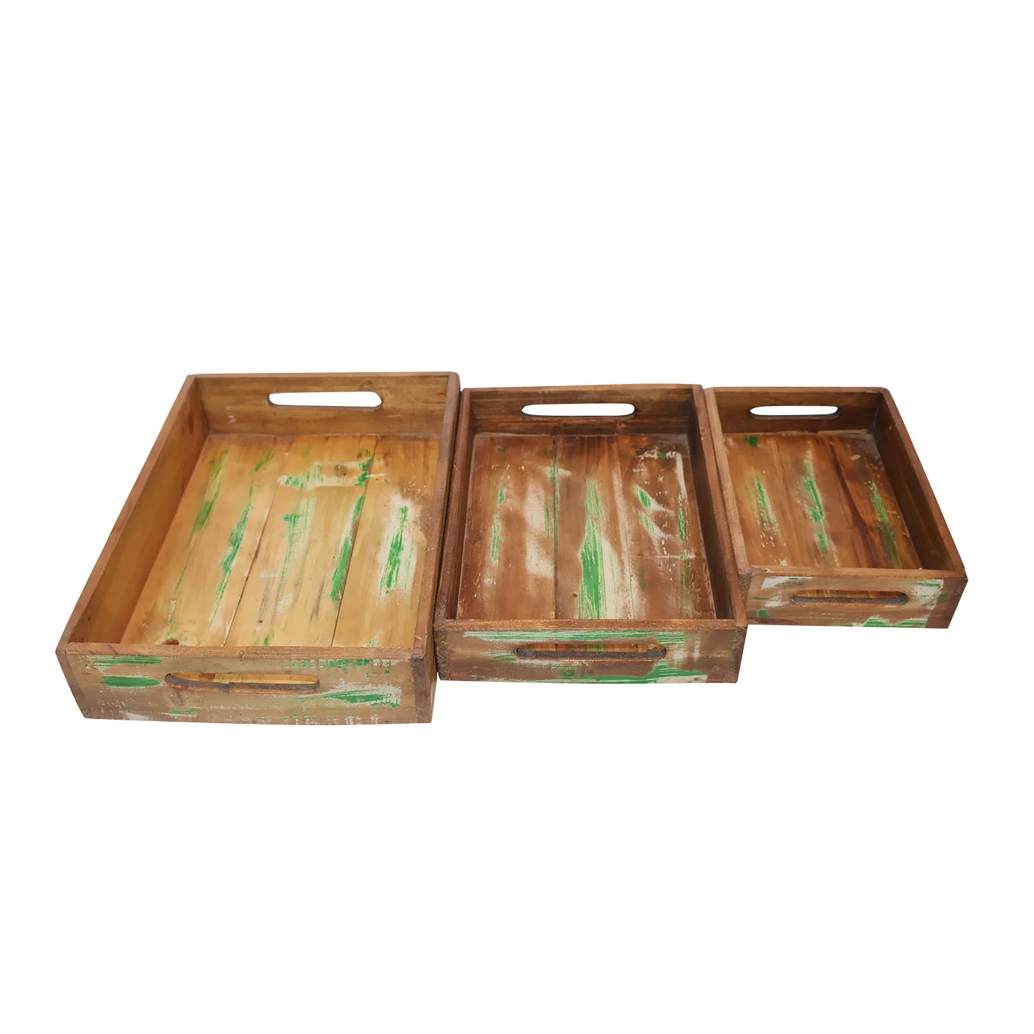 ArtistryBazaar 13.5"L x 10"W x 3"H inch handcrafted wooden serving trays, set of 3, simple design with green accents, perfect for organizing or serving drinks & snacks.