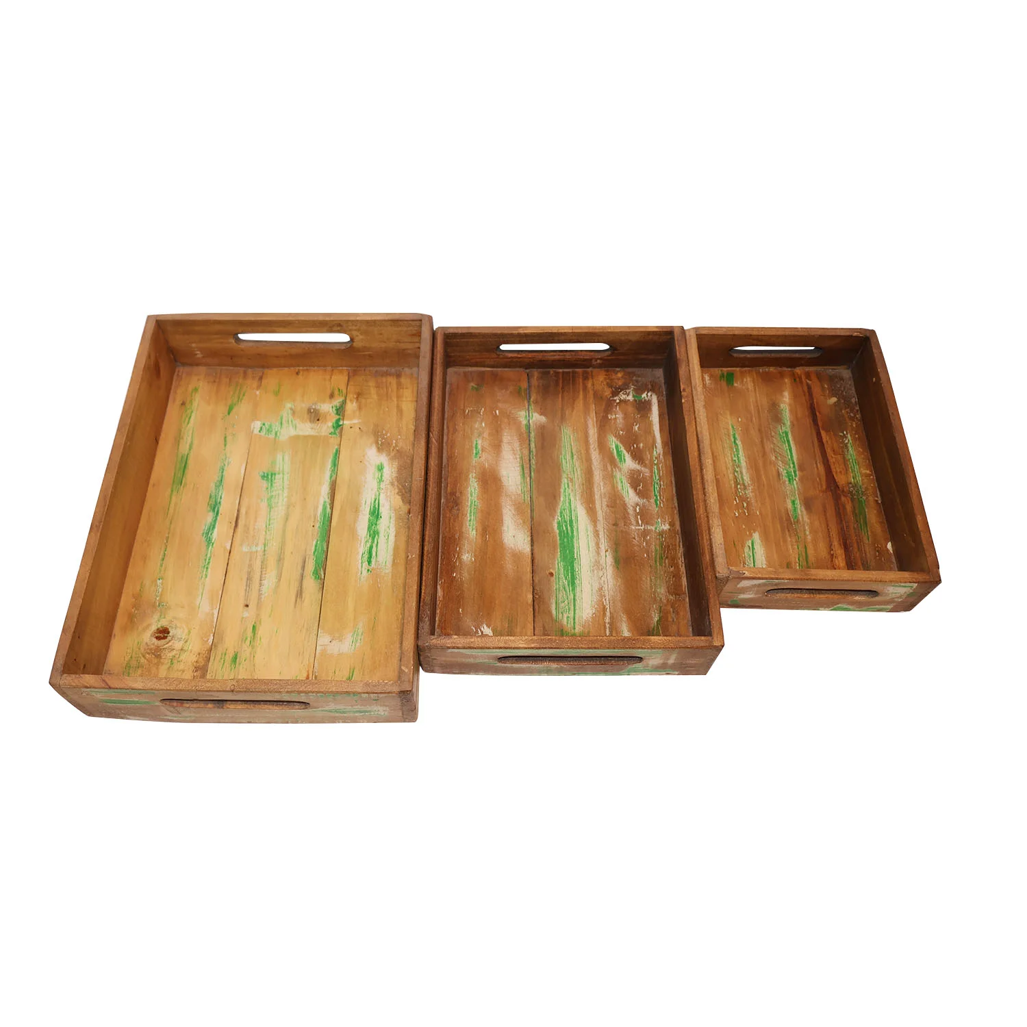 ArtistryBazaar 13.5"L x 10"W x 3"H inch handcrafted wooden serving trays, set of 3, simple design with green accents, perfect for organizing or serving drinks & snacks.