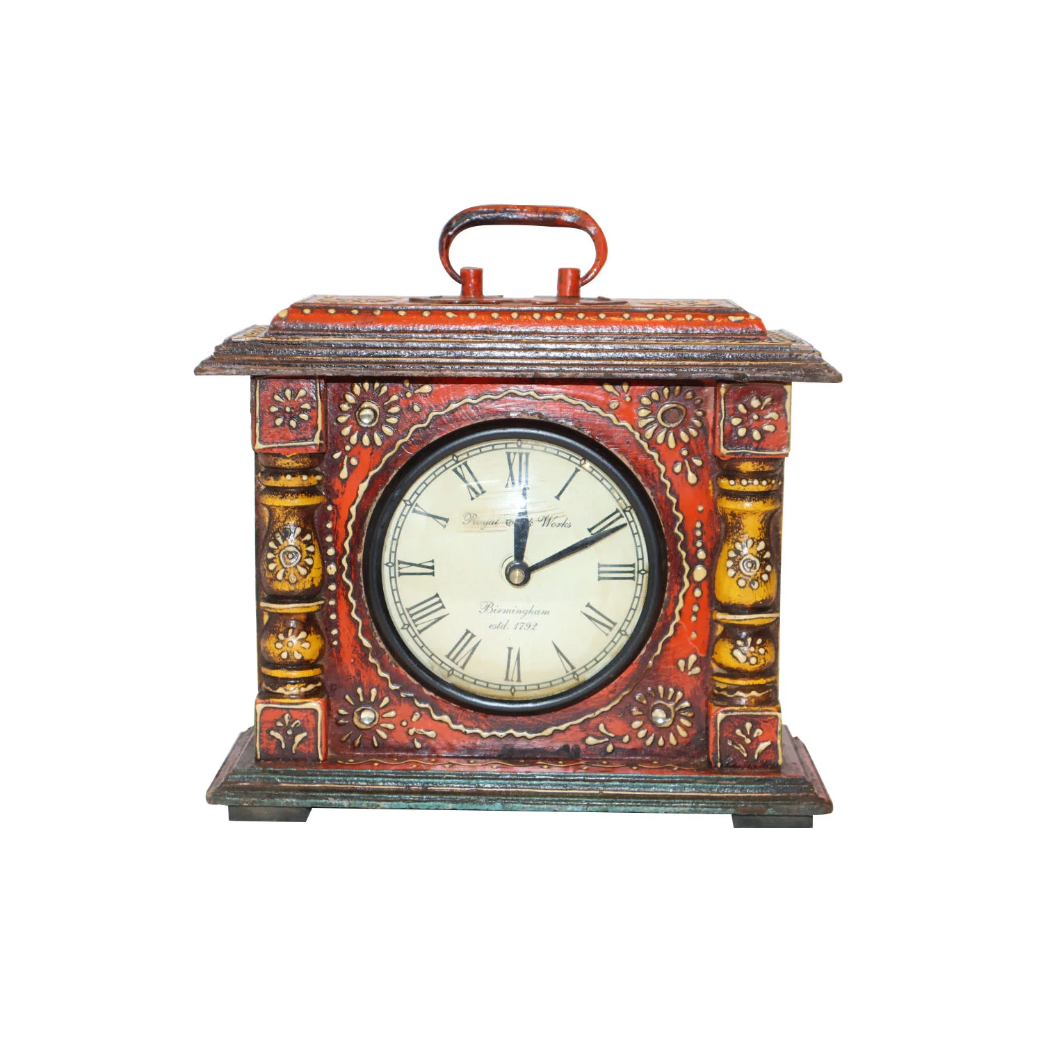 ArtistryBazaar 9"L x 3.5"W x 8"H inch handcrafted wooden clock, vintage design with hand-painted details, suitable for living rooms, bedrooms, offices, or as a thoughtful gift.