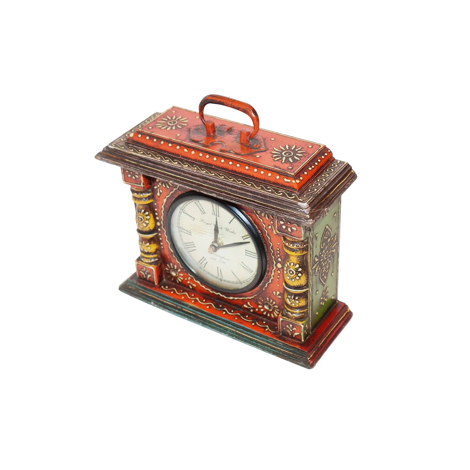 ArtistryBazaar 9"L x 3.5"W x 8"H inch handcrafted wooden clock, vintage design with hand-painted details, suitable for living rooms, bedrooms, offices, or as a thoughtful gift.