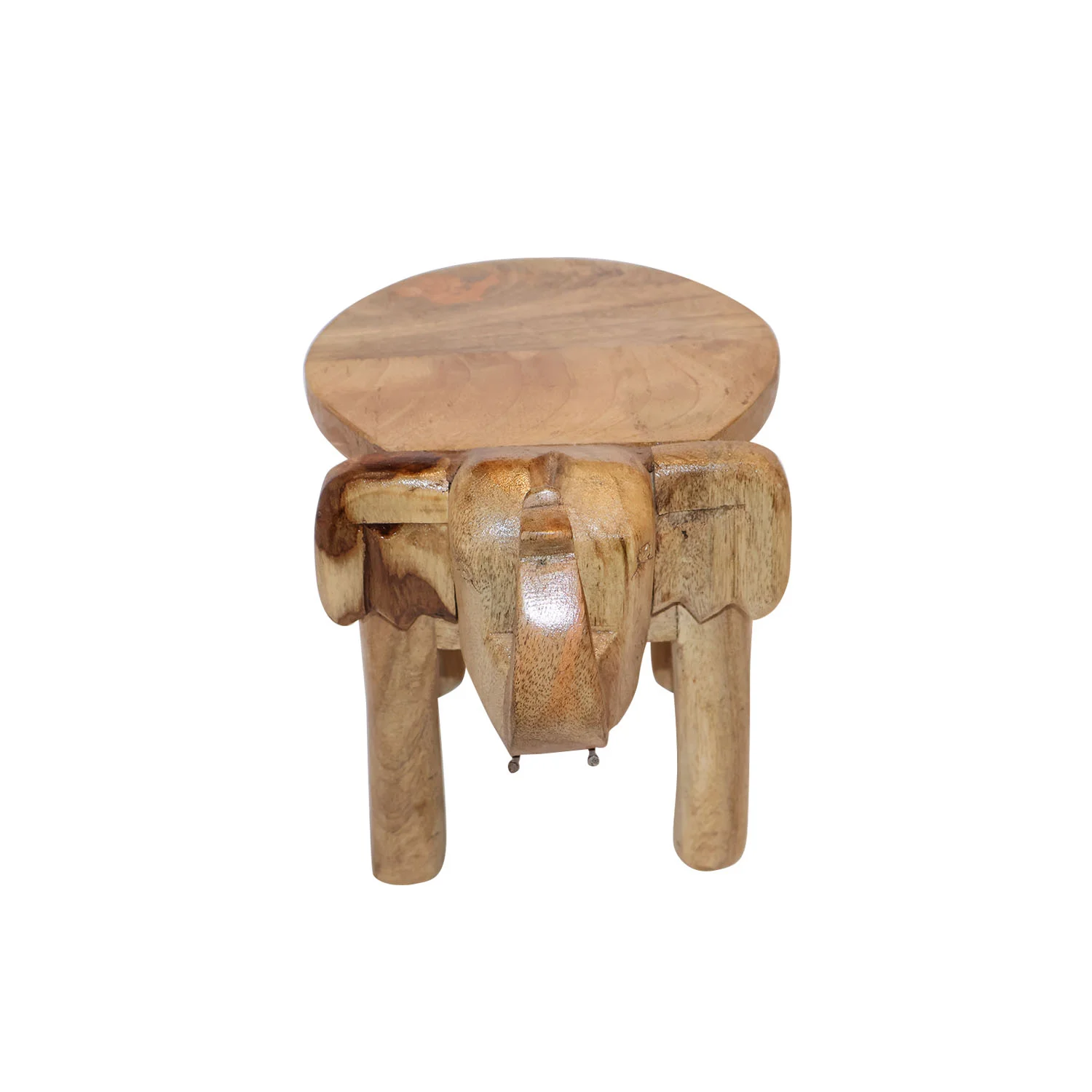 ArtistryBazaar 10"L x 7.5"W x 8"H inch handmade wooden coffee table, elephant design, round top with asymmetrical legs, compact in size, wood color finish for stylish interiors.