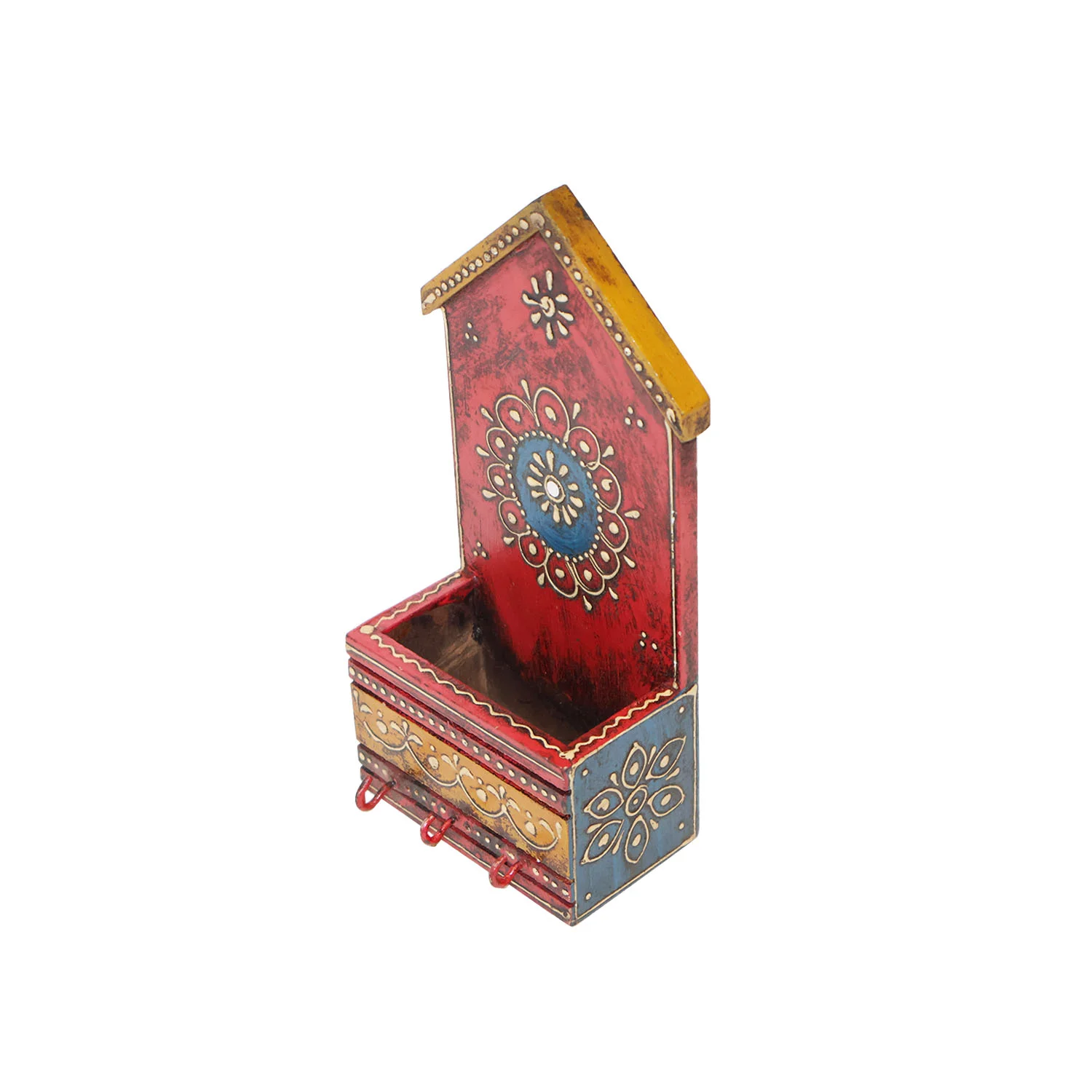 ArtistryBazaar 4"L x 2"W x 8"H inch colorful handmade wooden key holder with mail slot, eye-catching folk art design, useful for organizing keys, letters, and small essentials.